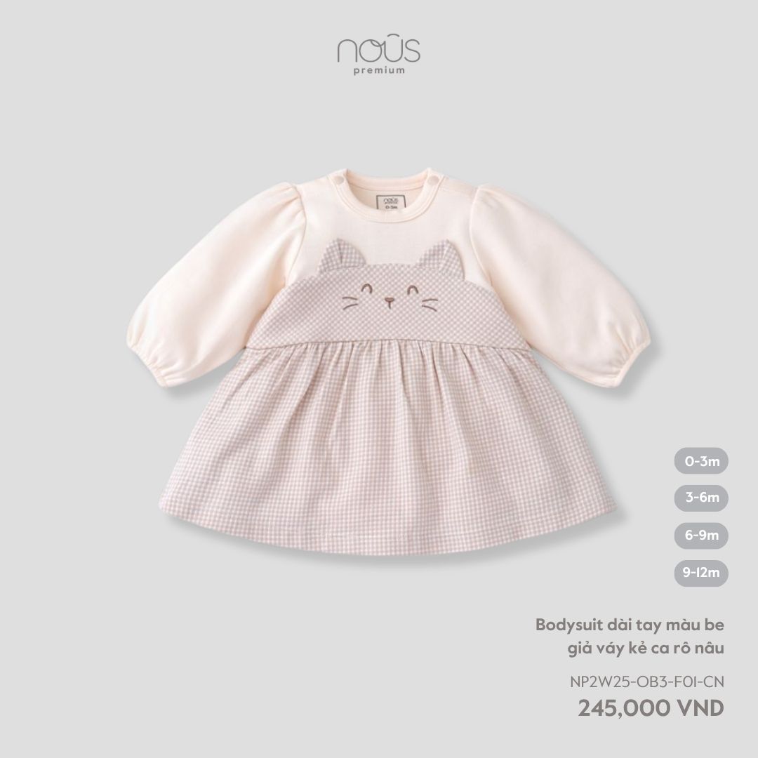 Bodysuit dài tay màu be giả váy kẻ ca rô nâu