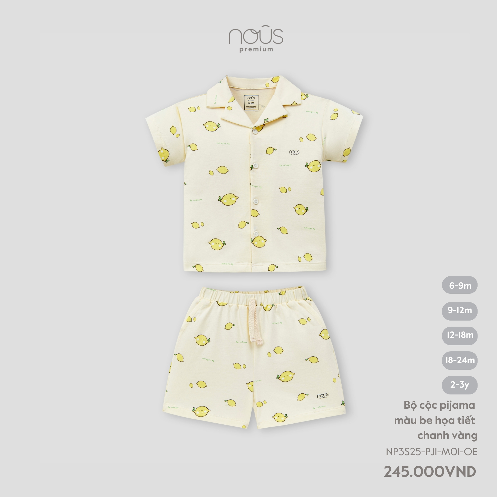 Bộ pyjama cộc tay màu be họa tiết chanh vàng