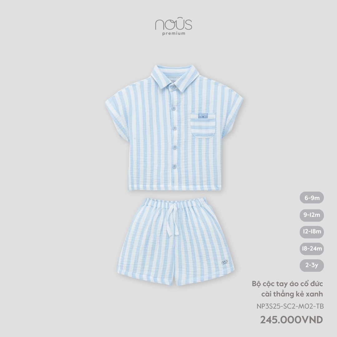 Bộ cộc tay áo cổ đức cài thẳng kẻ xanh