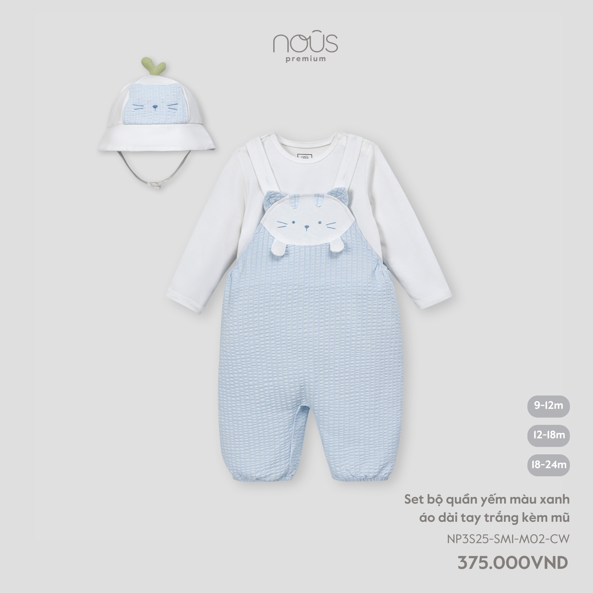 Set Bộ Quần Yếm Màu Xanh Áo Dài Tay Trắng Kèm Mũ NU2504