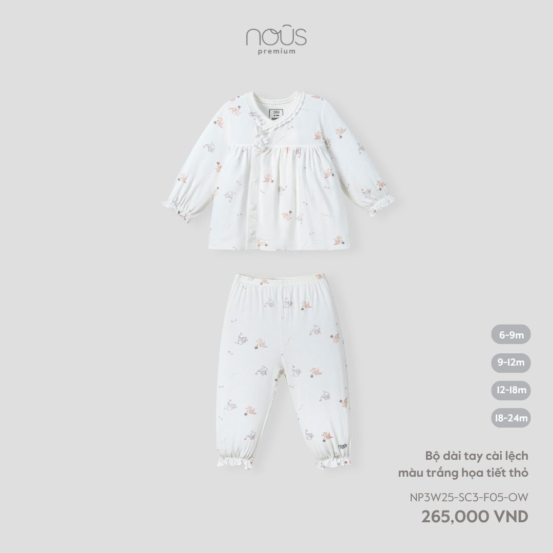 Bộ dài tay cài lệch màu trắng họa tiết thỏ