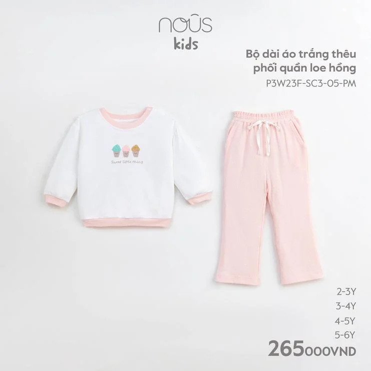 Bộ Dài Áo Trắng Thêu Phối Quần Loe Hồng NU1876
