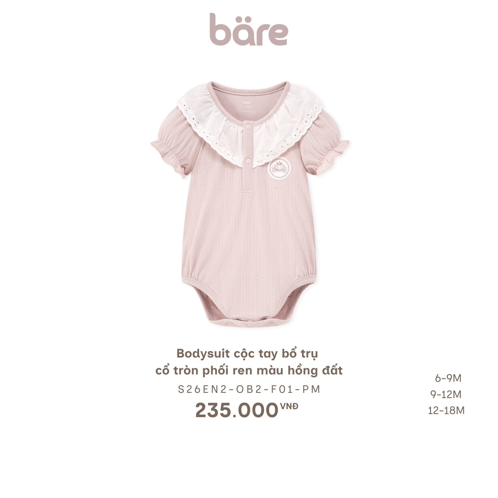 Bodysuit cộc tay bổ trụ cổ tròn phối ren màu hồng đất