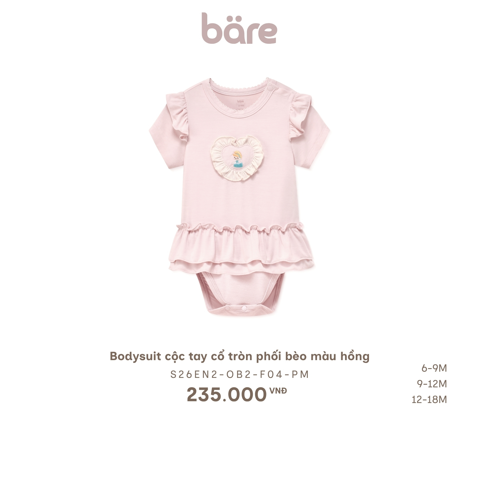 Bodysuit cộc tay cổ tròn phối bèo màu hồng