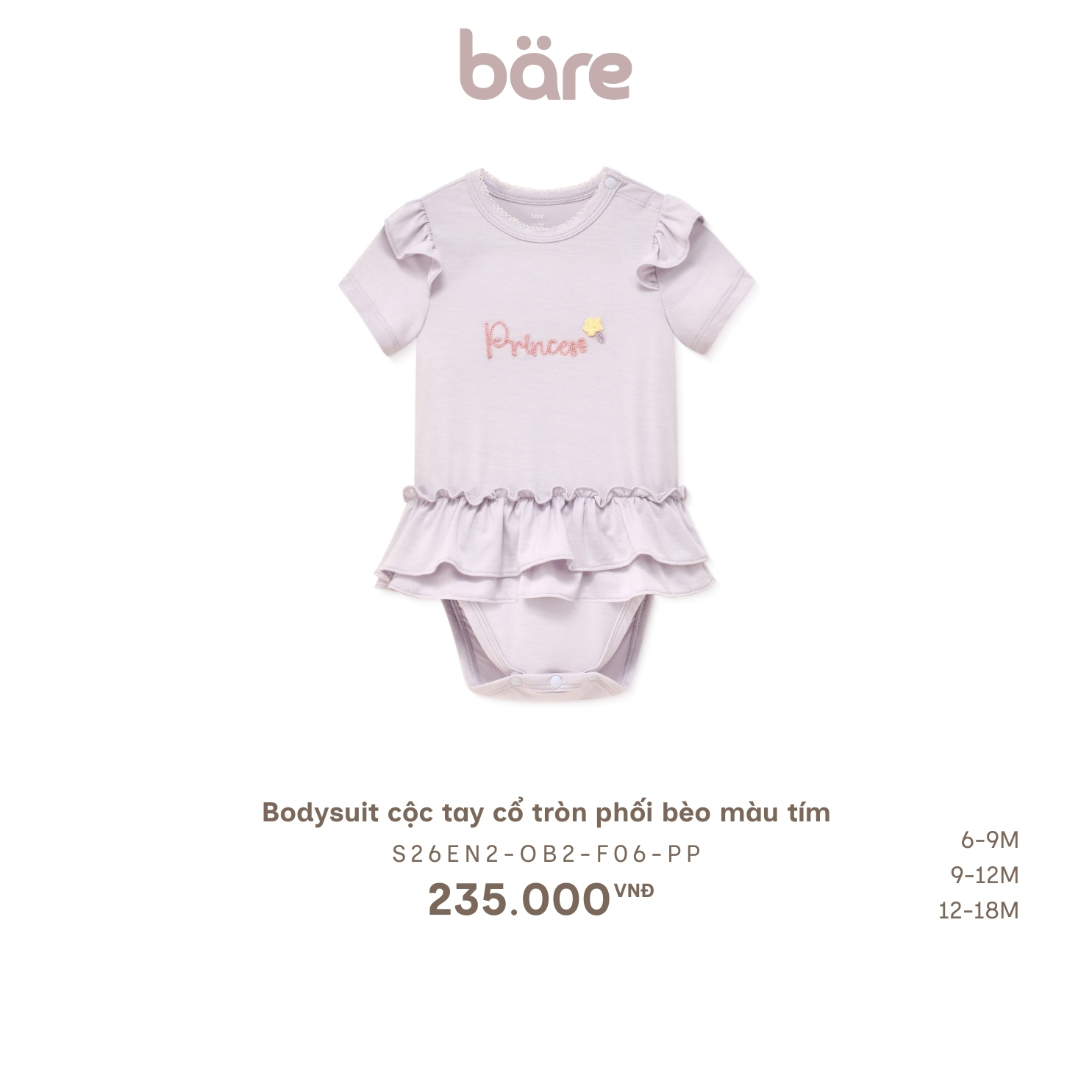 Bodysuit cộc tay cổ tròn phối bèo màu tím