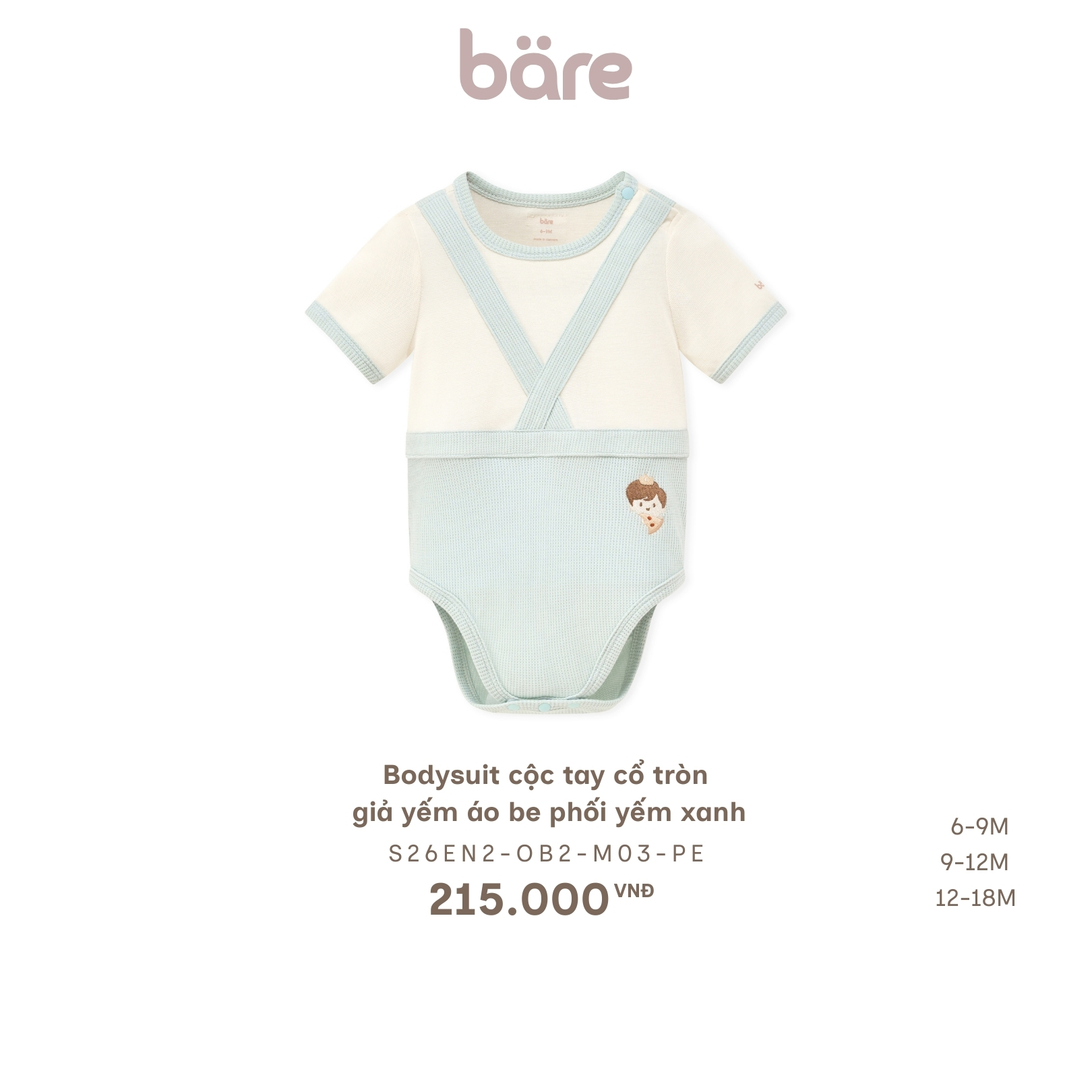 Bodysuit cộc tay cổ tròn giả yếm áo be phối yếm xanh