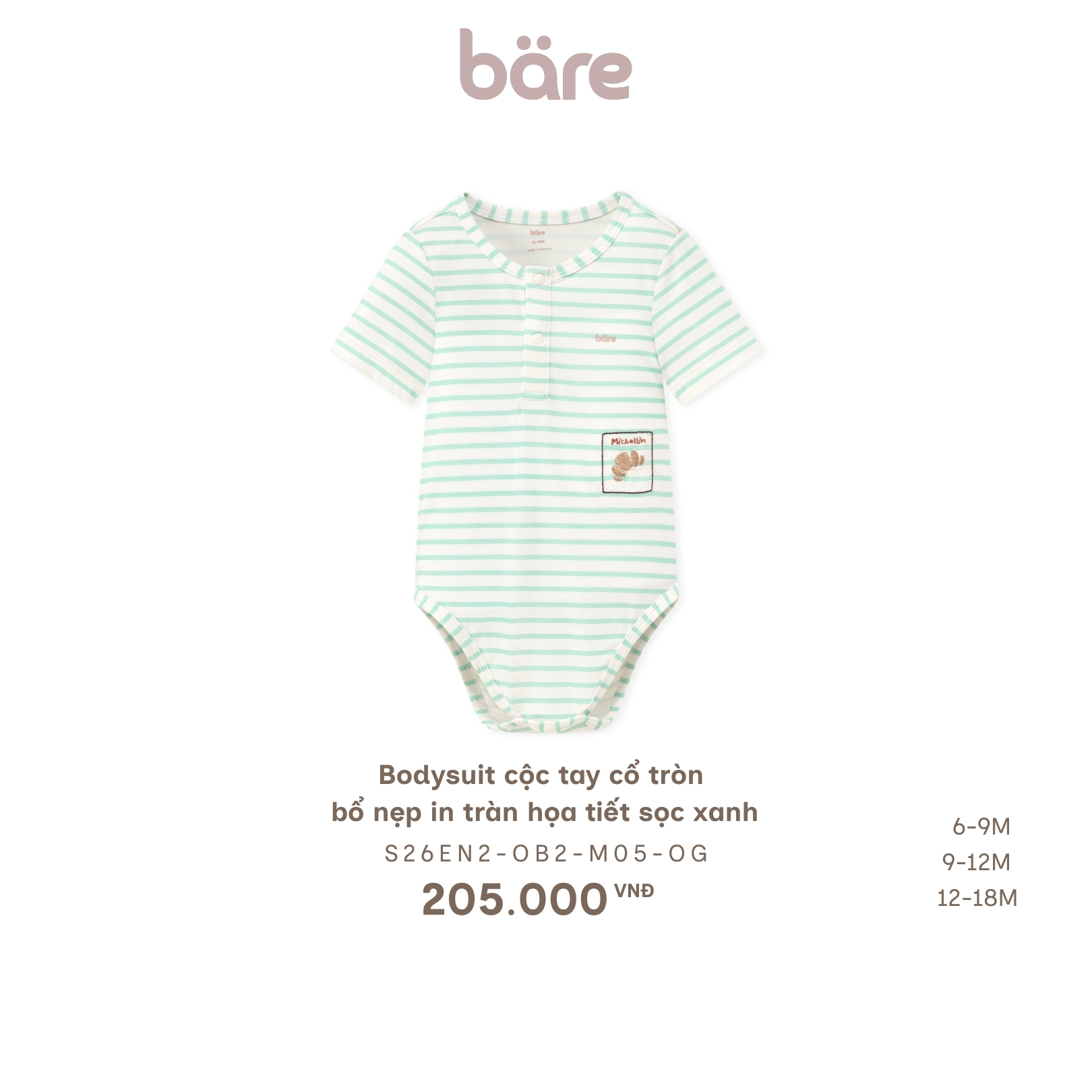 Bodysuit cộc tay cổ tròn bổ nẹp in tràn họa tiết sọc xanh