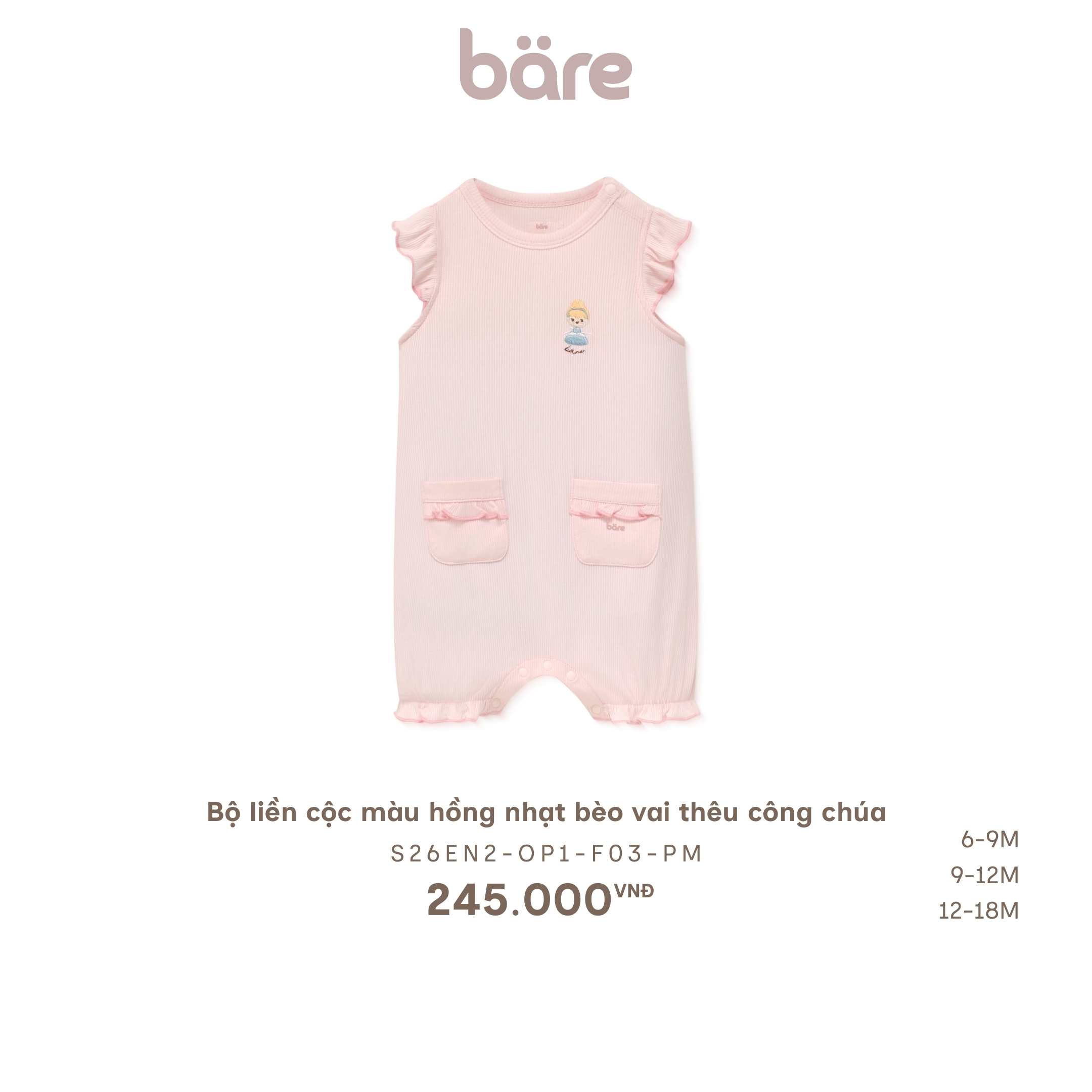 Bộ liền cộc màu hồng nhạt bèo vai thêu công chúa
