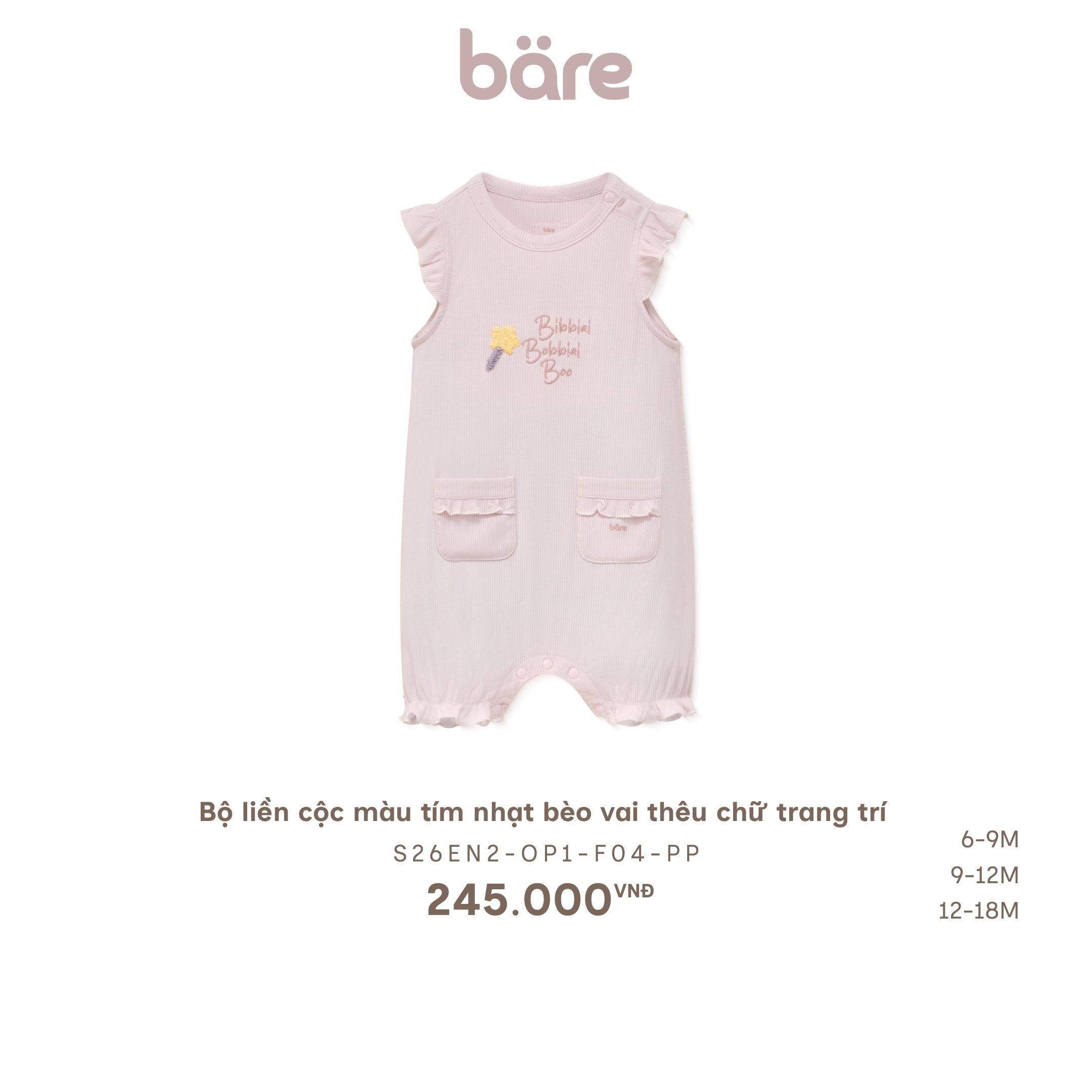 Bộ liền cộc màu tím nhạt bèo vai thêu chữ trang trí
