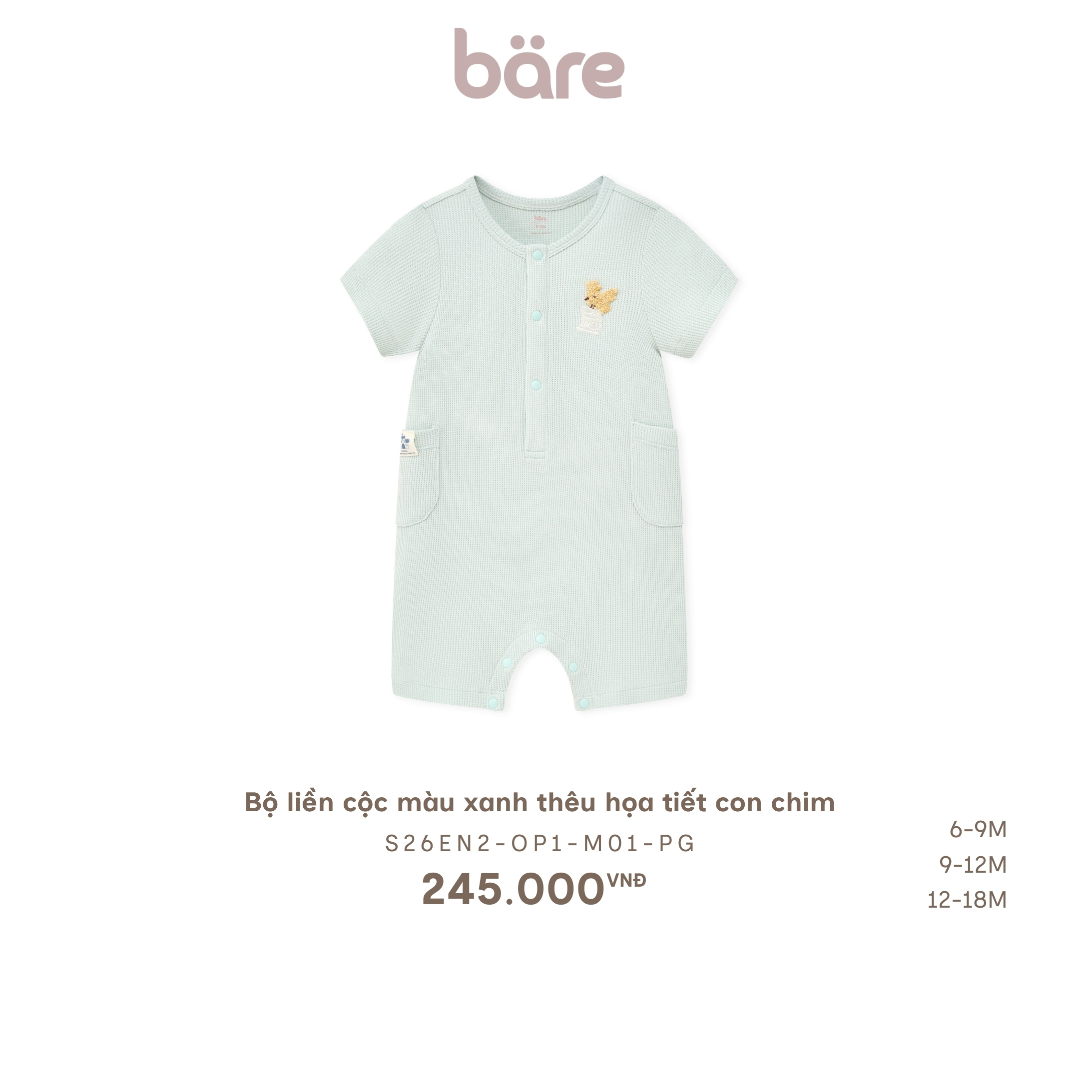 Bộ liền cộc màu xanh thêu họa tiết con chim