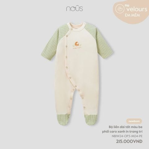 Bộ Liền Dài Tất Màu Be Phối Caro Xanh In Trang Trí NU2056