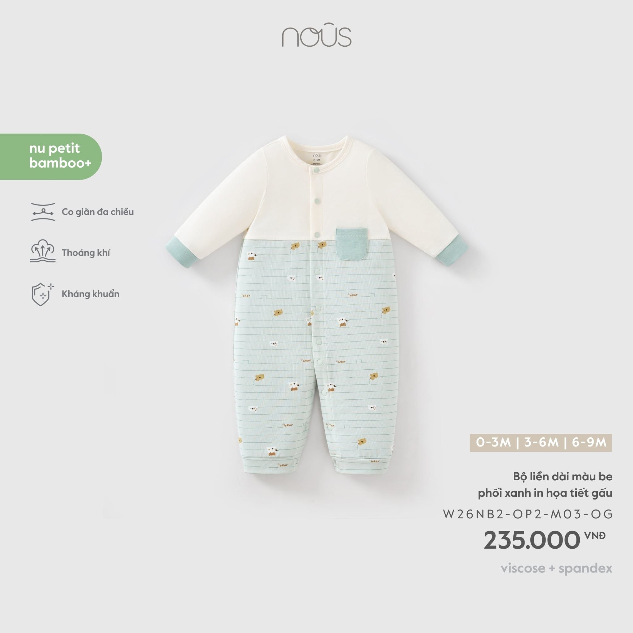 Bộ liền dài màu be phối xanh in họa tiết gấu