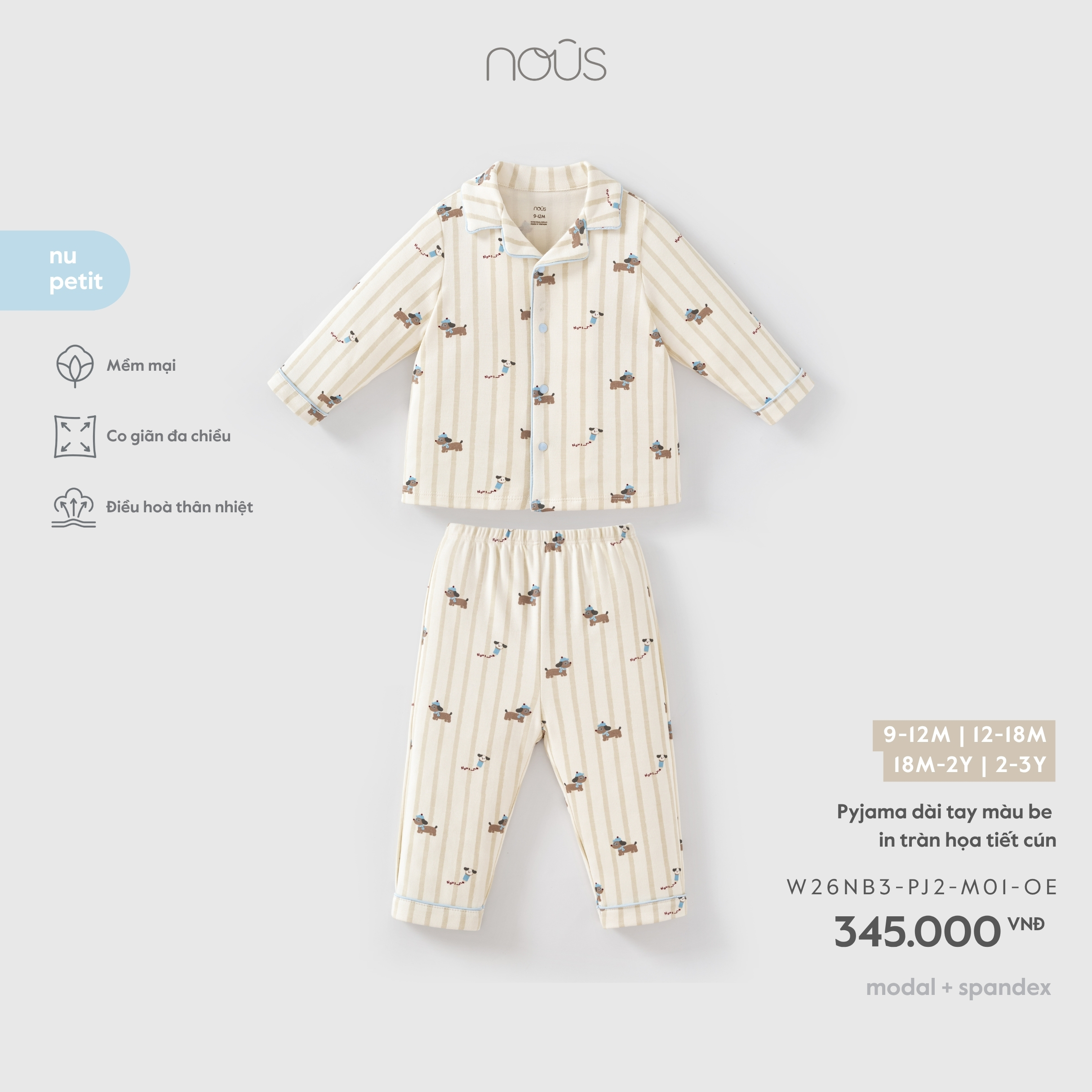 Pyjama dài tay màu be in tràn họa tiết cún
