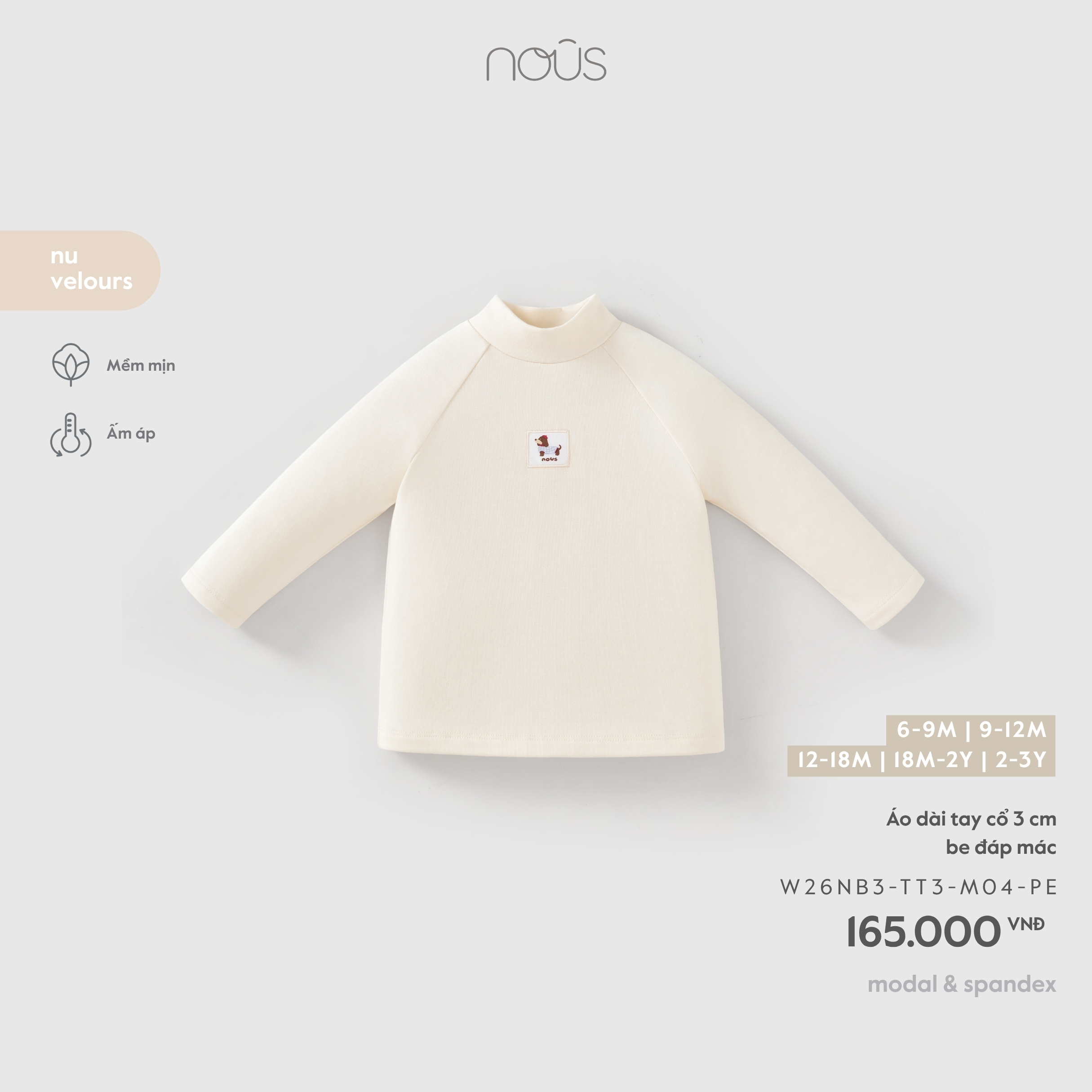 Áo dài tay cổ 3 cm be đáp mác