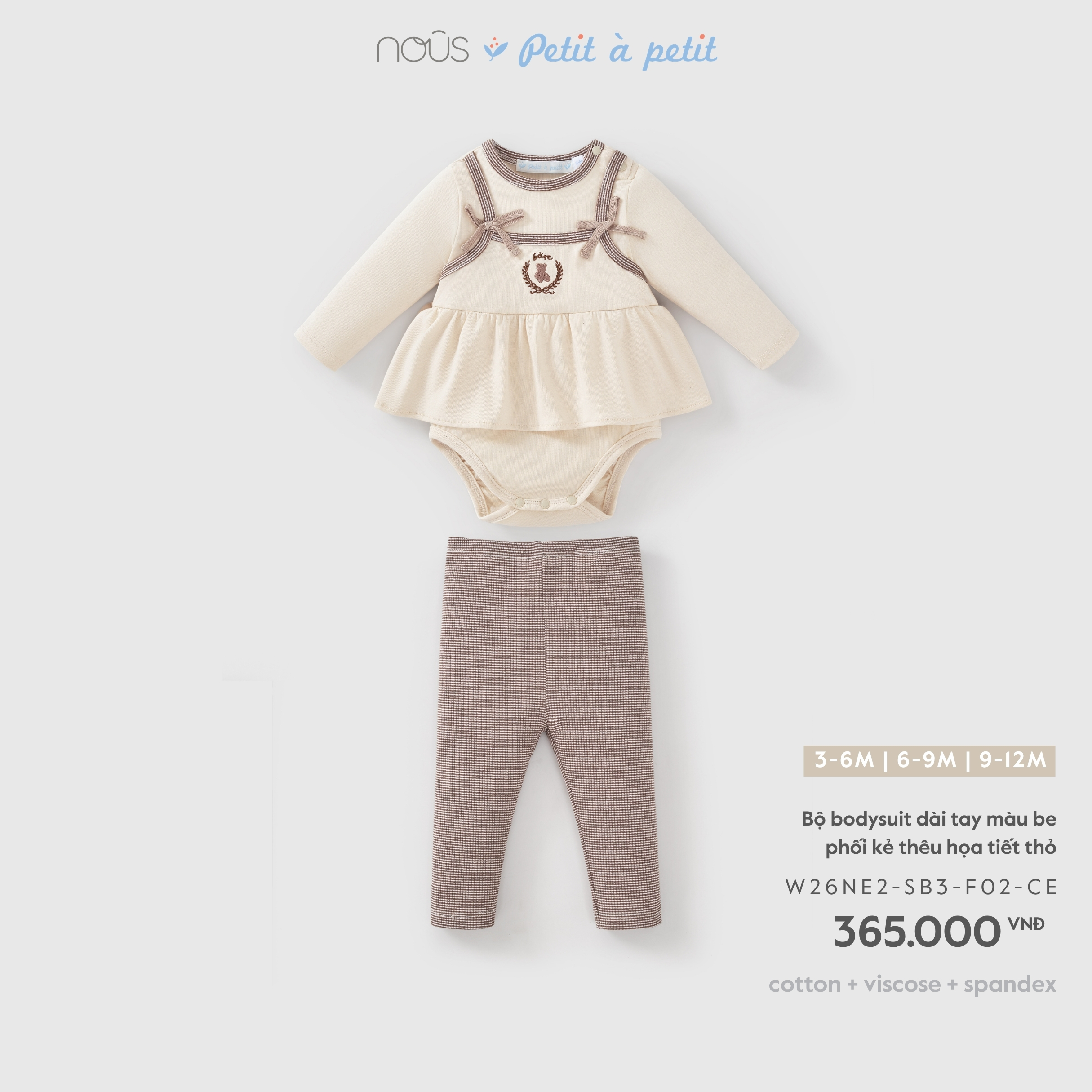 Bộ bodysuit dài tay màu be phối kẻ thêu họa tiết thỏ