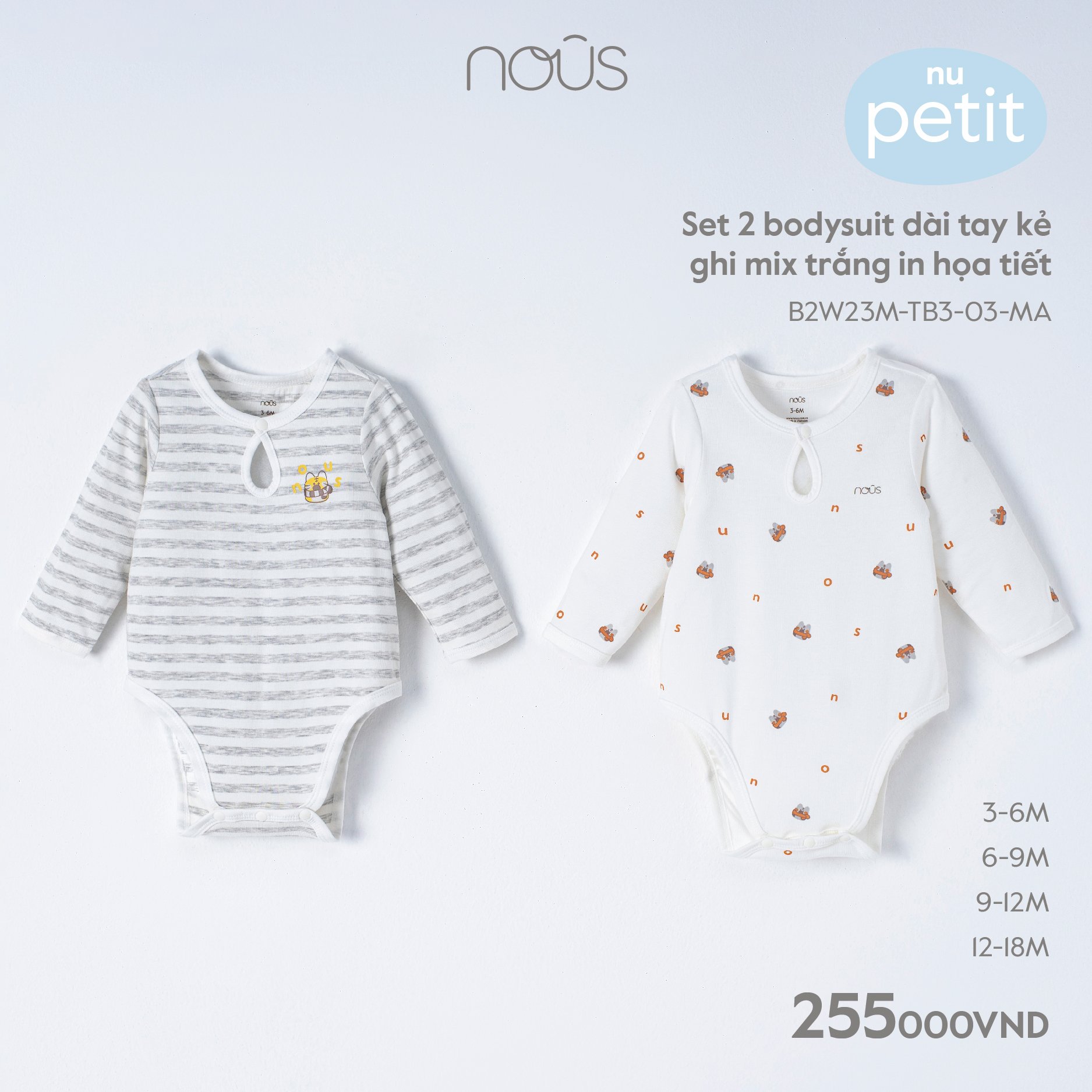 Set 2 bodysuit dài tay kẻ ghi mix trắng in họa tiết