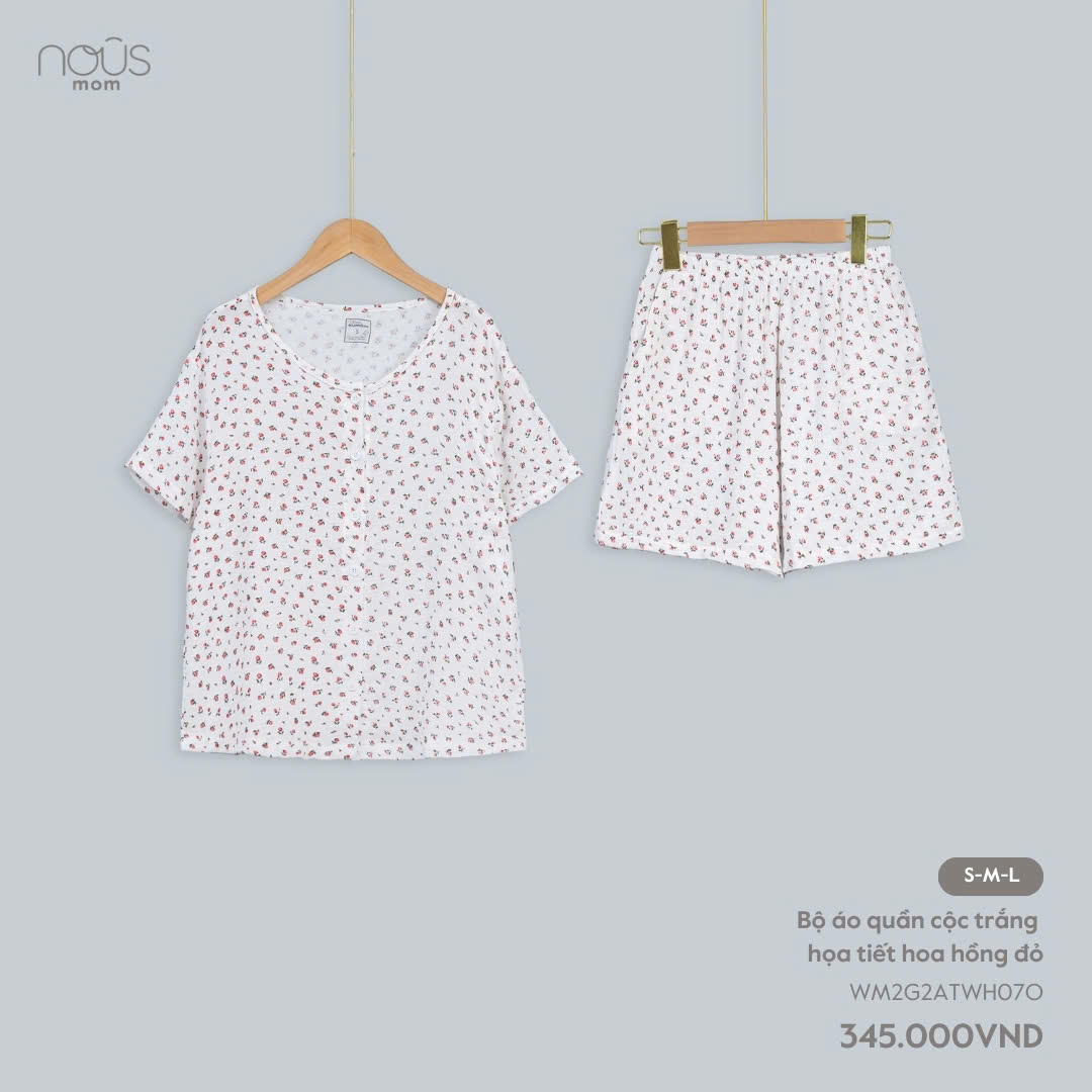 Bộ Áo Quần Cộc Trắng Họa Tiết Hoa Hồng Đỏ NU2162