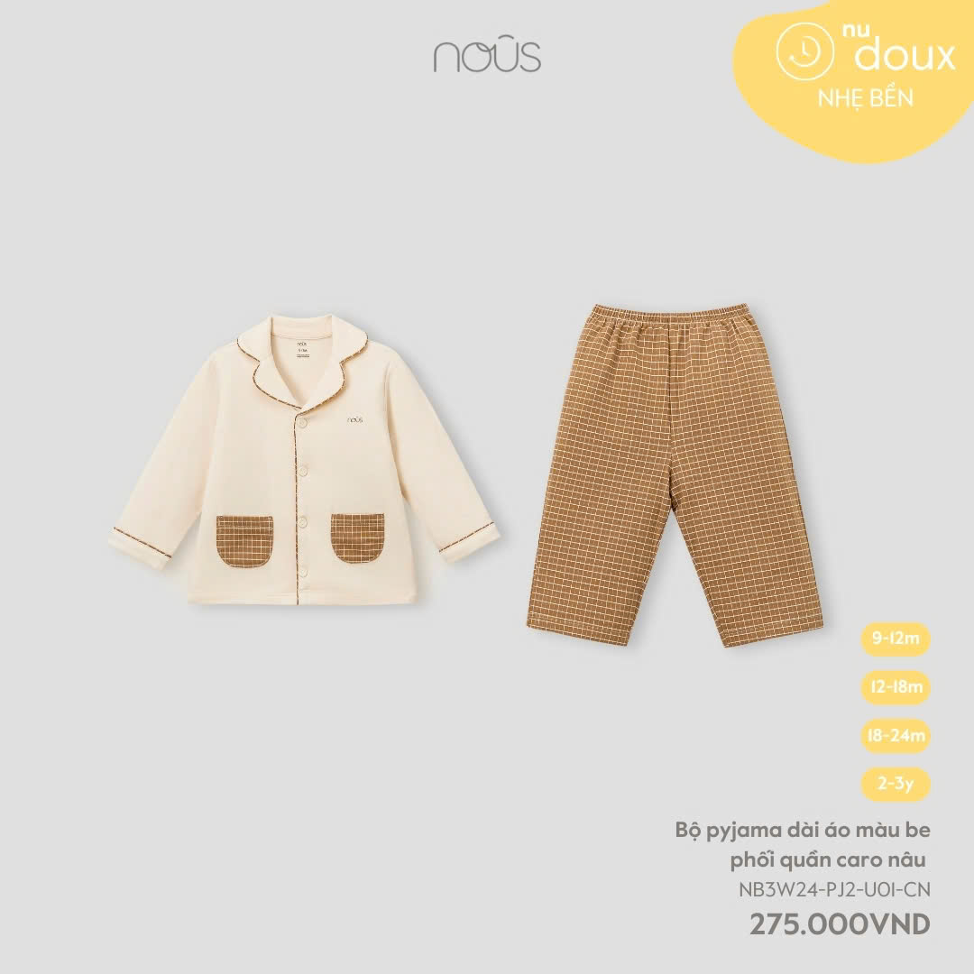 Bộ pyjama dài áo màu be phối quần caro nâu