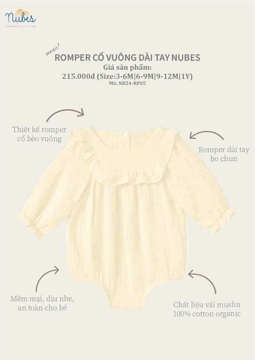 Romper Dài Tay Cổ Vuông Muslin