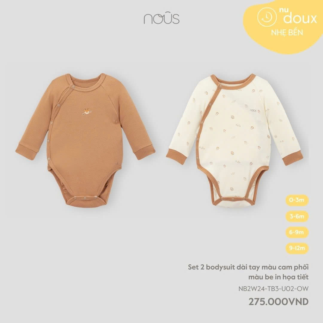 Set 2 Bodysuit Dài Tay Màu Cam Phối Màu Be In Họa Tiết NU2304
