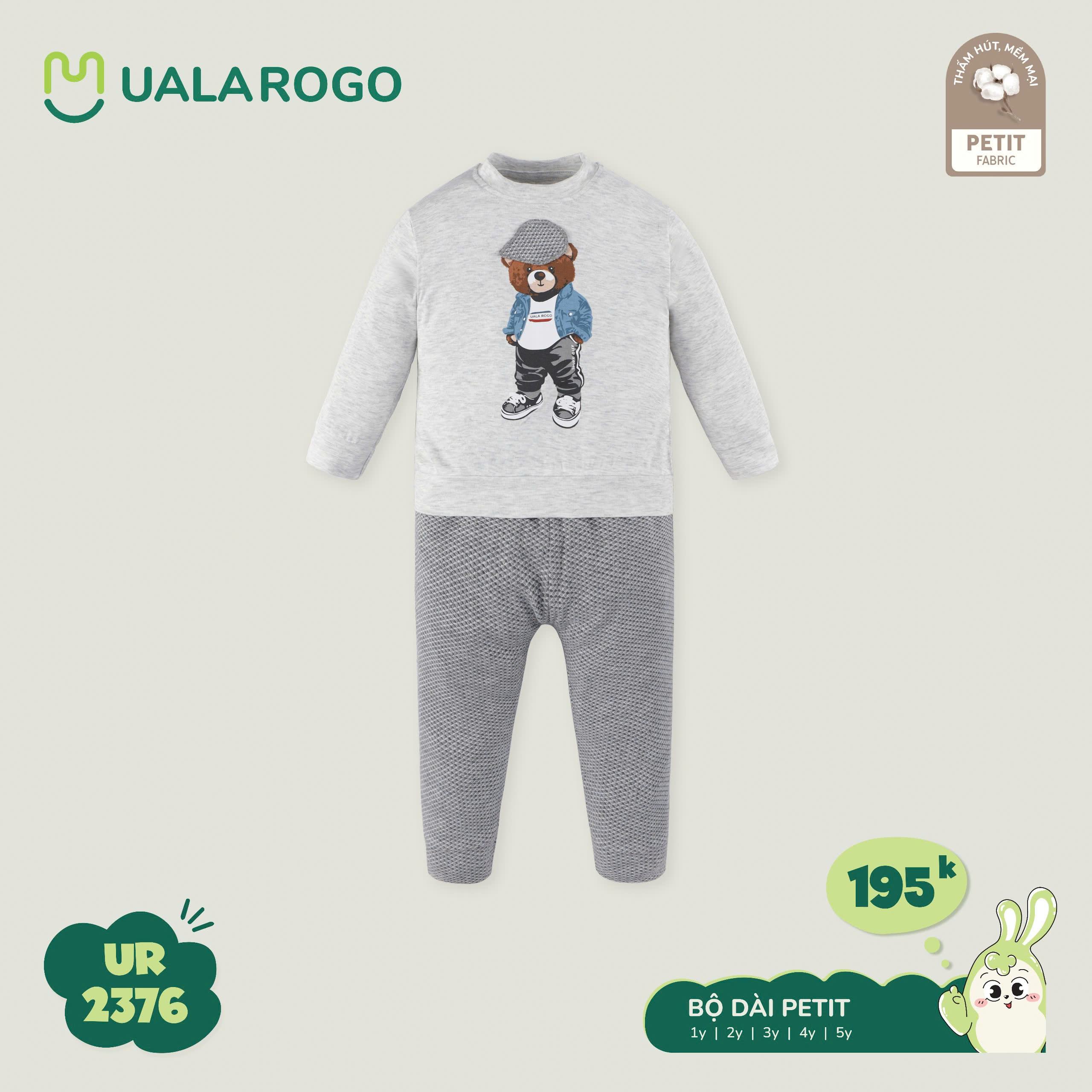 Bộ Dài Tay Petit Cho Bé UR2376 ghi gấu xanh
