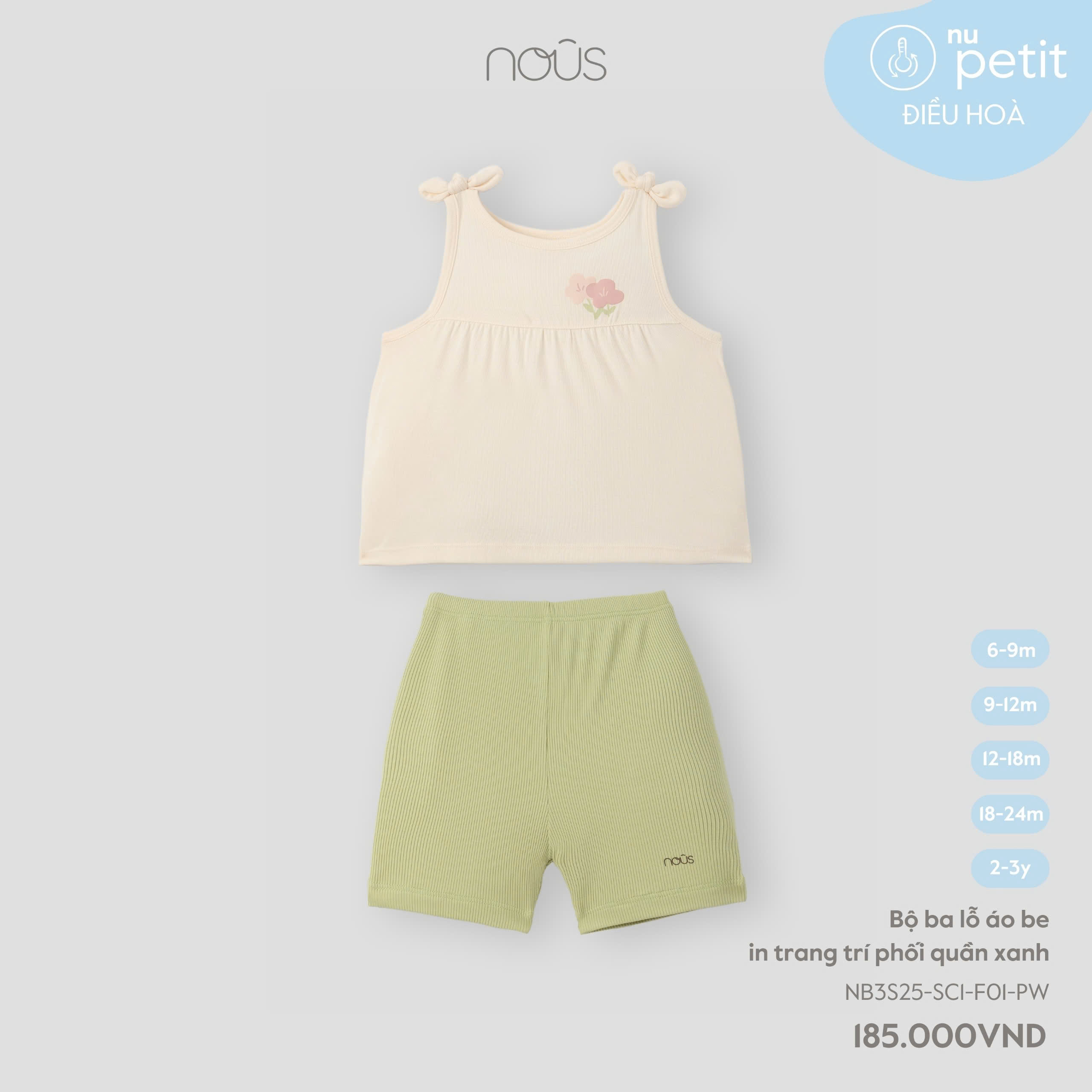 Bộ ba lỗ áo be in trang trí phối quần xanh