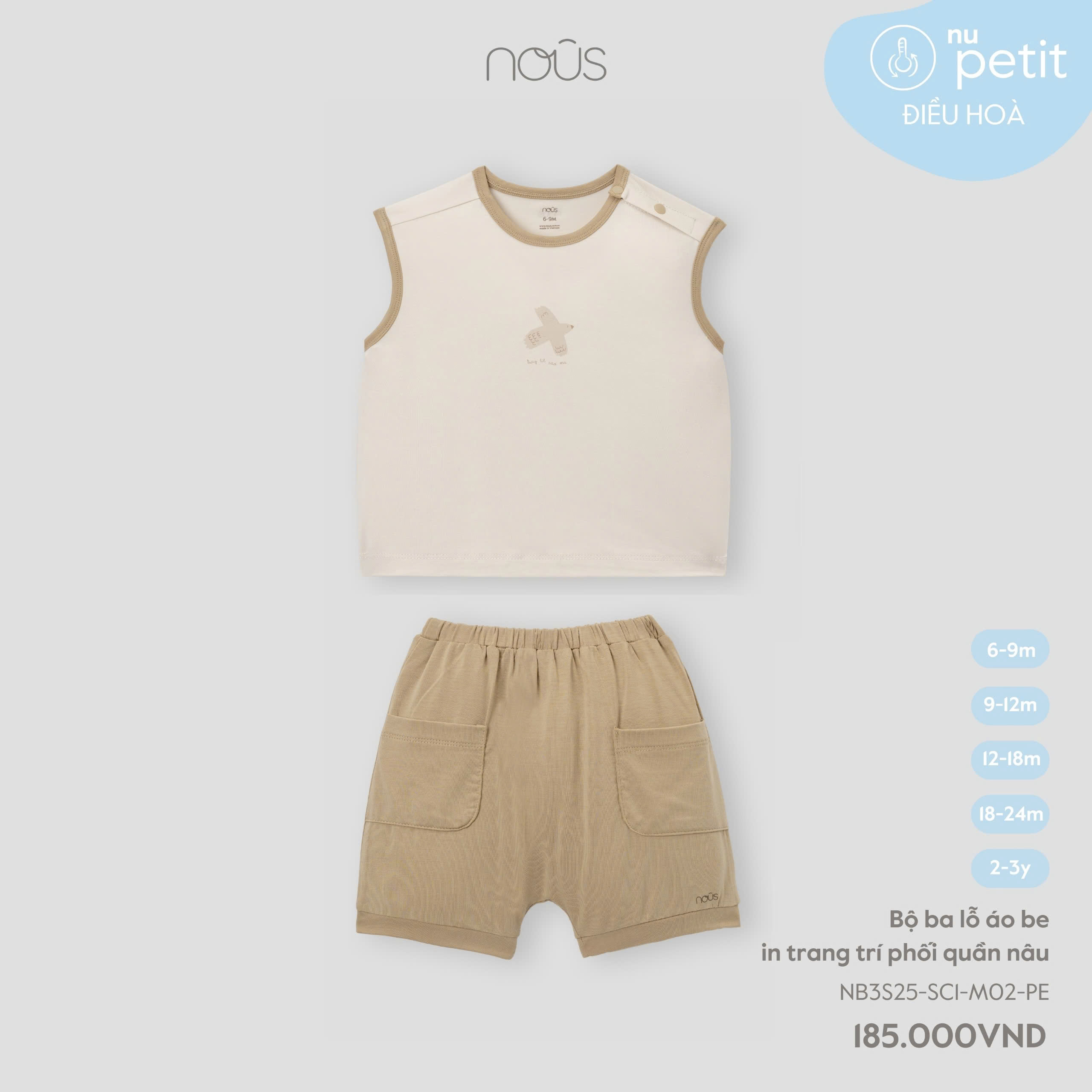 Bộ ba lỗ áo be in trang trí phối quần nâu