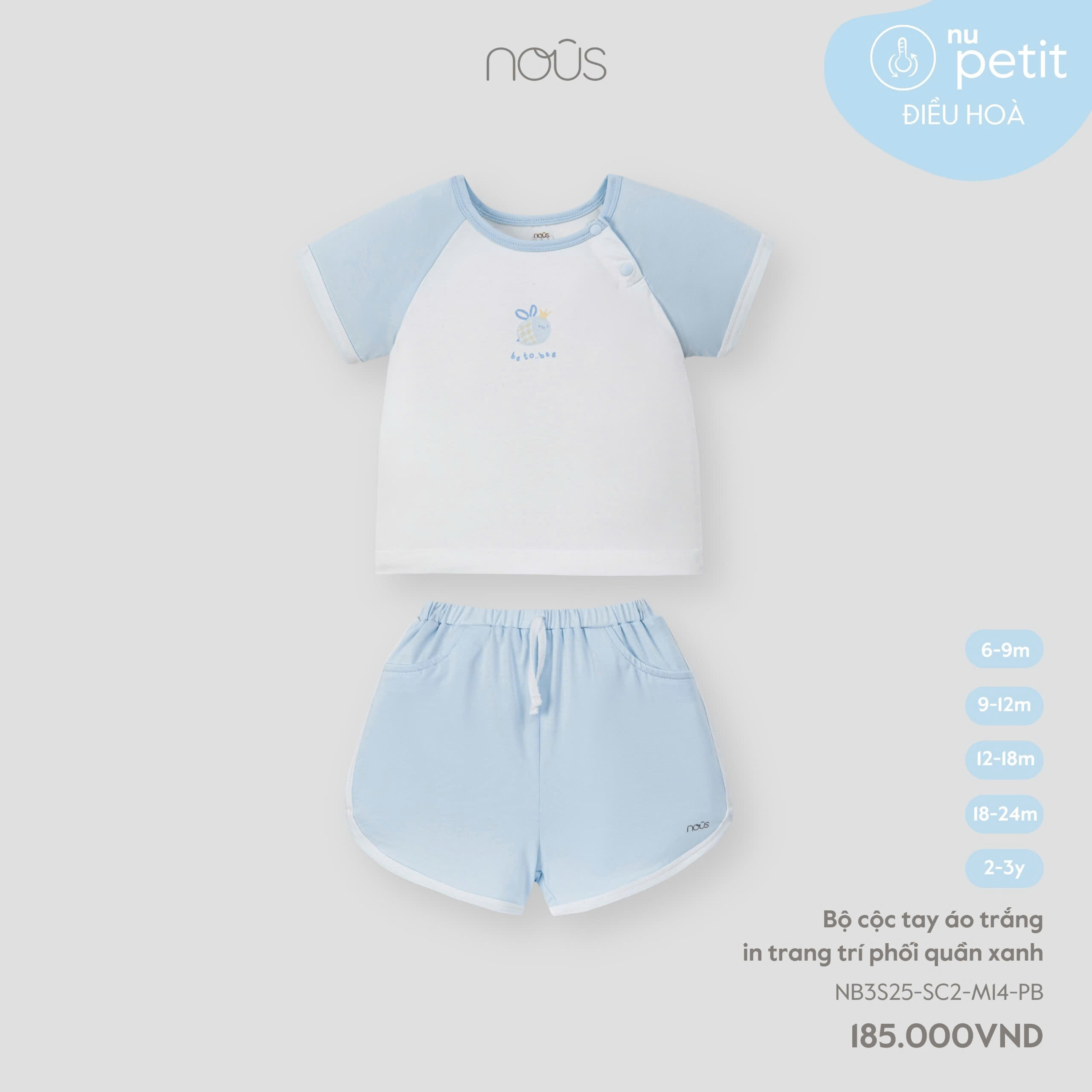 Bộ cộc tay áo trắng in trang trí phối quần xanh