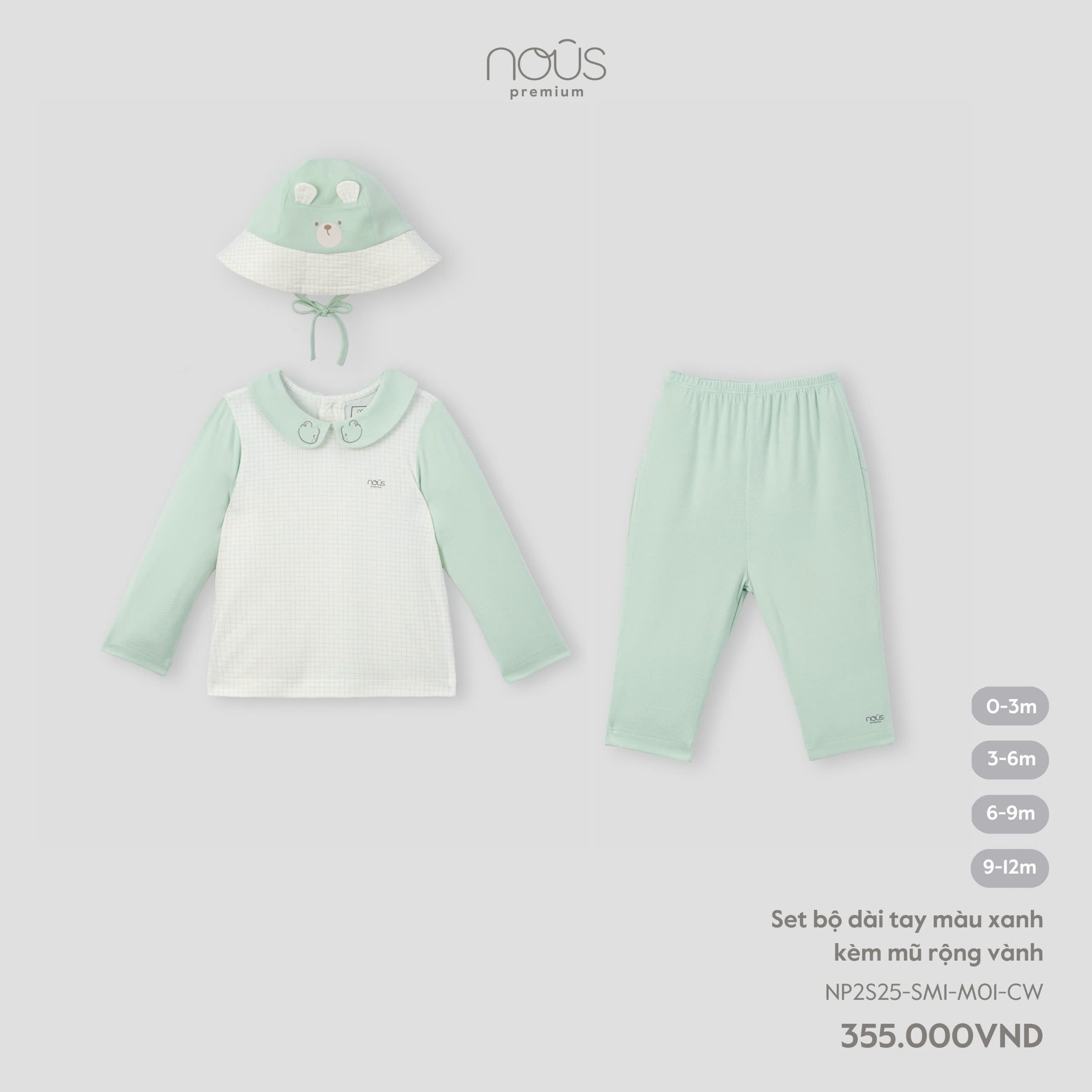Set Bộ Dài Tay Màu Xanh Kèm Mũ Rộng Vành NU2435