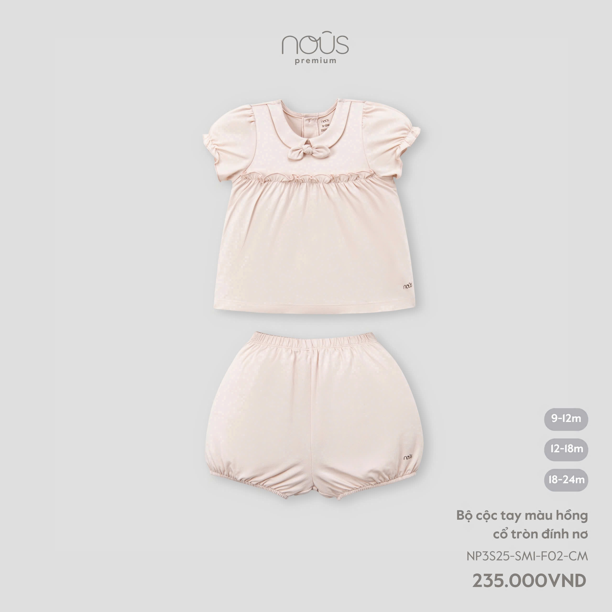 Bộ cộc tay màu hồng cổ tròn đính nơ