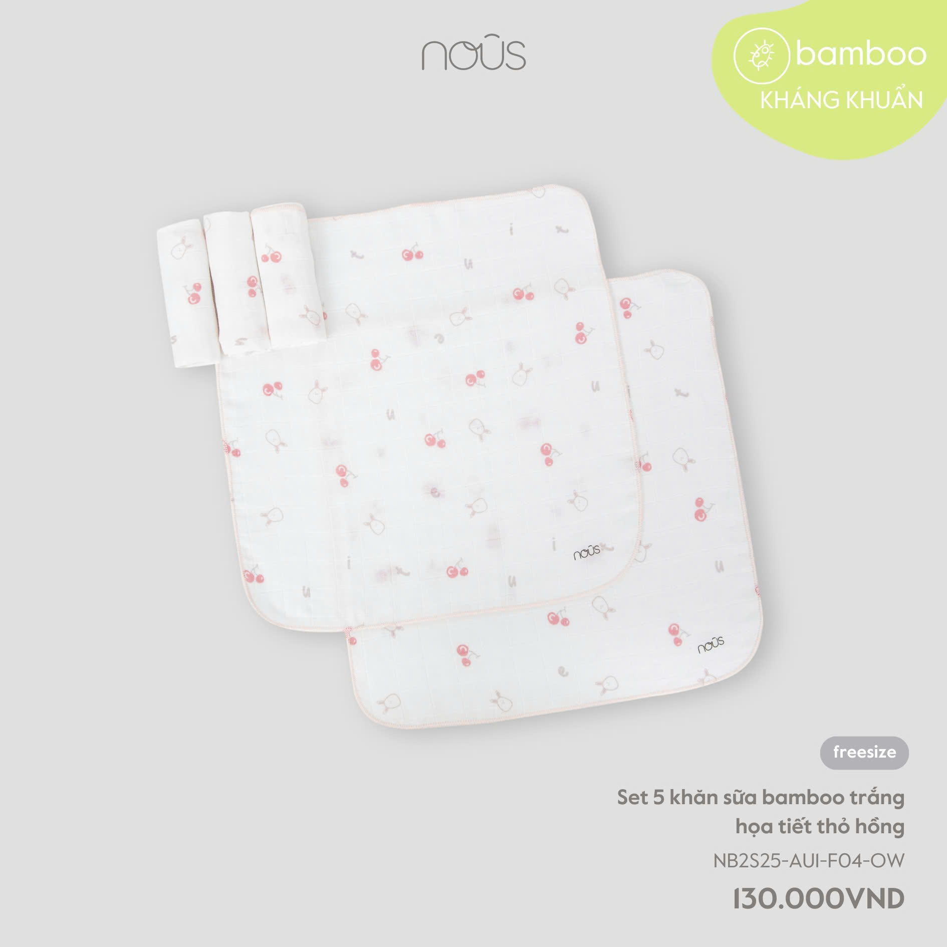 Set 5 Khăn Sữa Bamboo Trắng Họa Tiết Thỏ Hồng NU2669