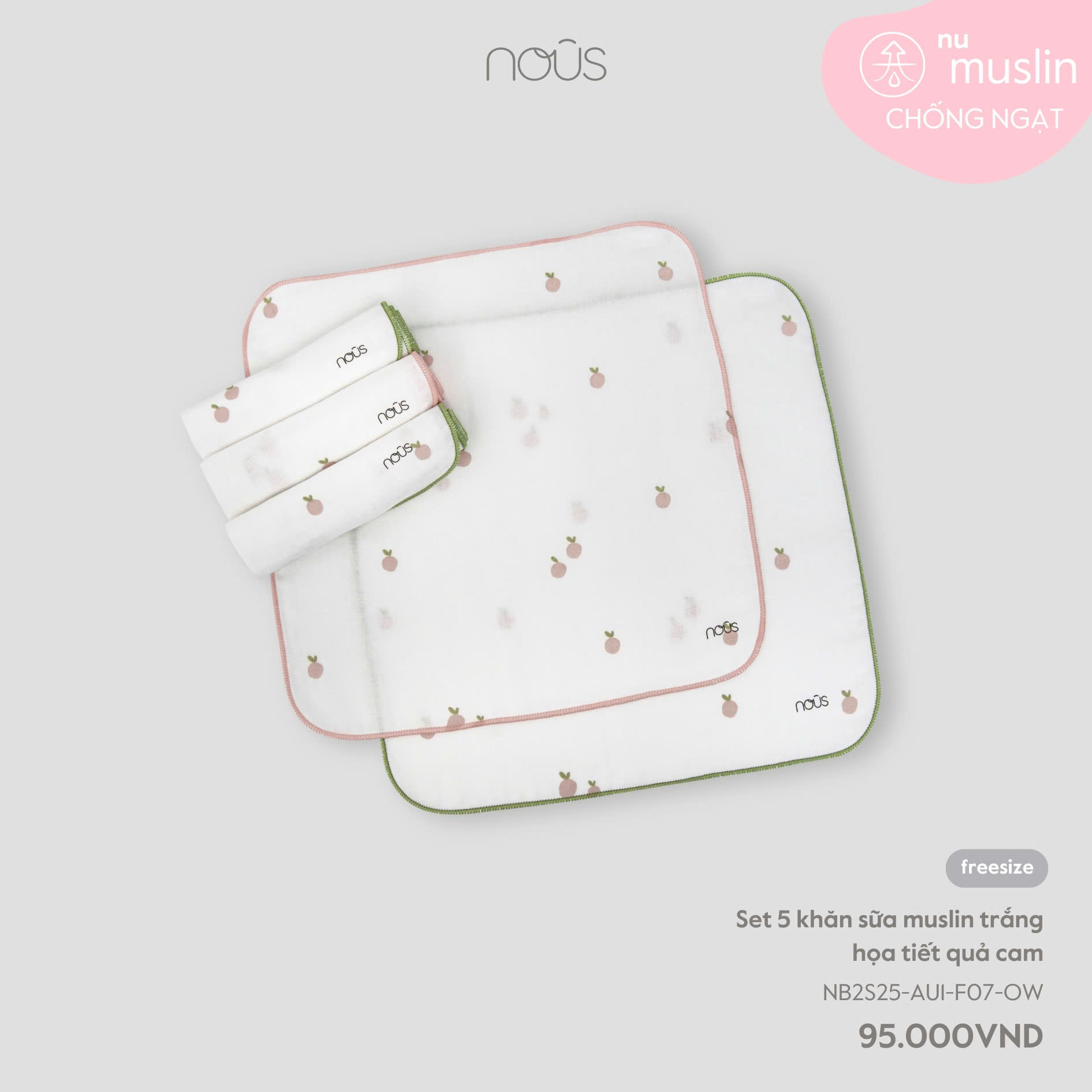 Set 5 khăn sữa muslin trắng họa tiết quả cam