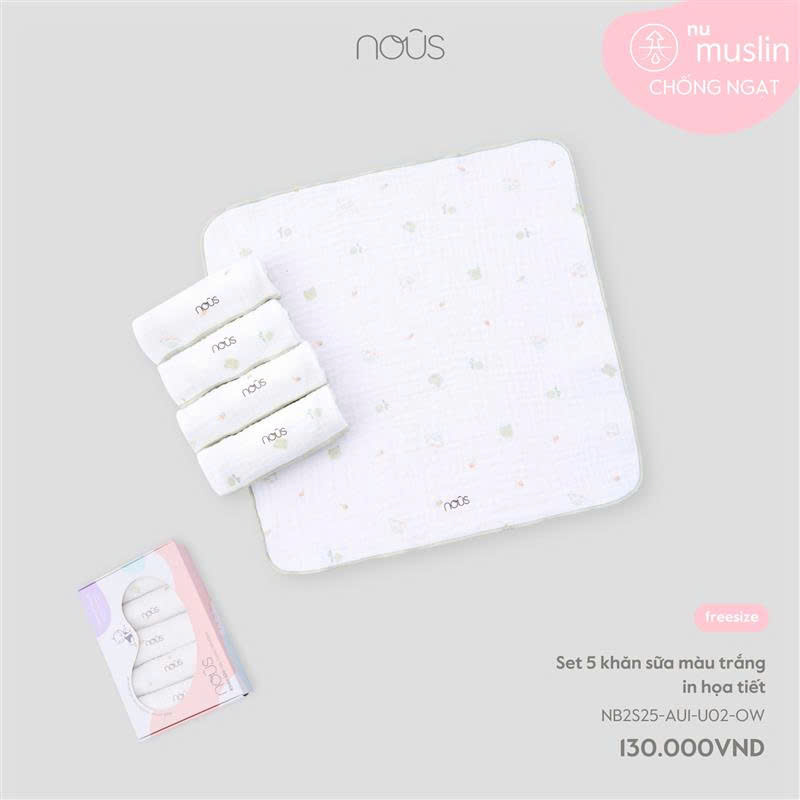 Set 5 khăn sữa màu trắng in họa tiết