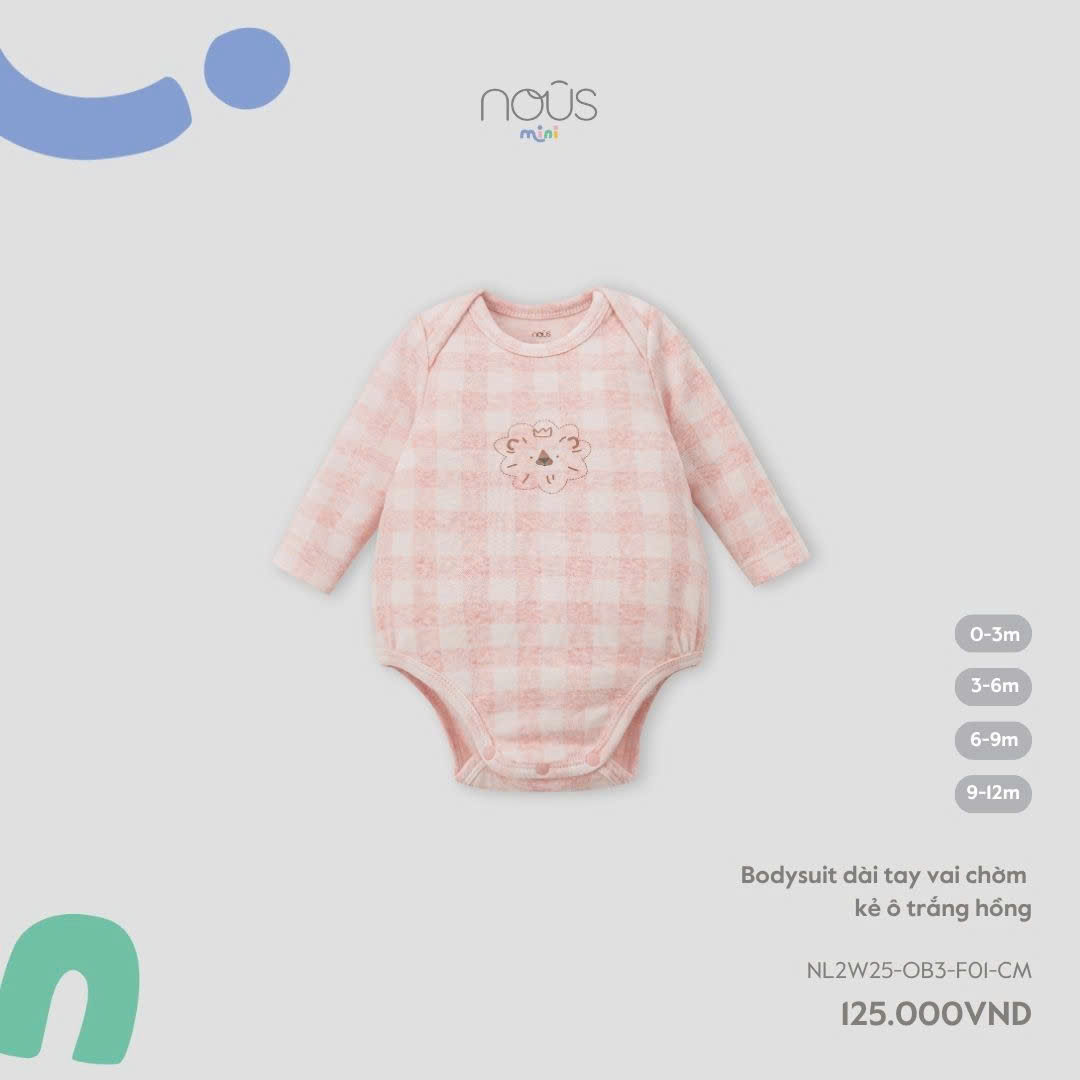 Bodysuit dài tay vai chờm kẻ ô trắng hồng