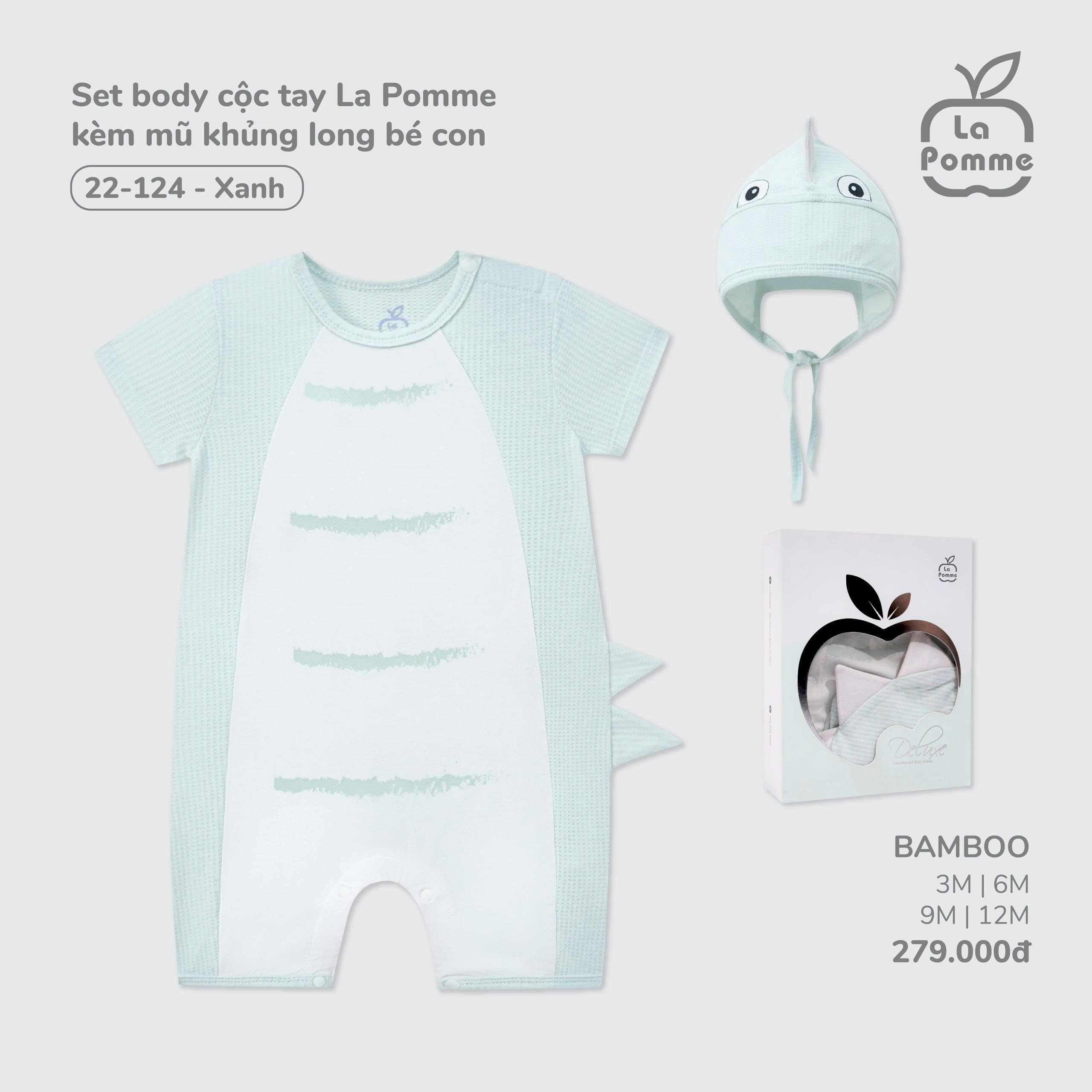 Set body cộc tay La Pomme kèm mũ khủng long bé con