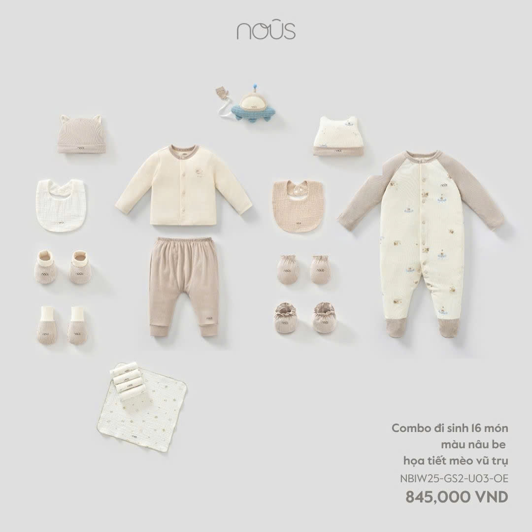 Combo đi sinh 16 món màu nâu be họa tiết mèo vũ trụ