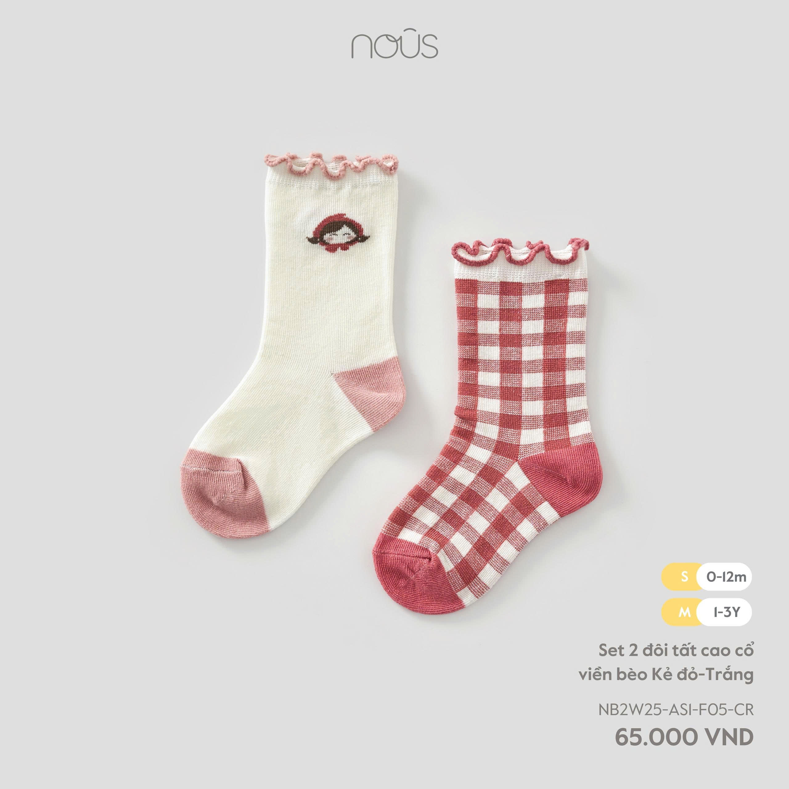 Set 2 tất màu trắng phối kẻ caro đỏ