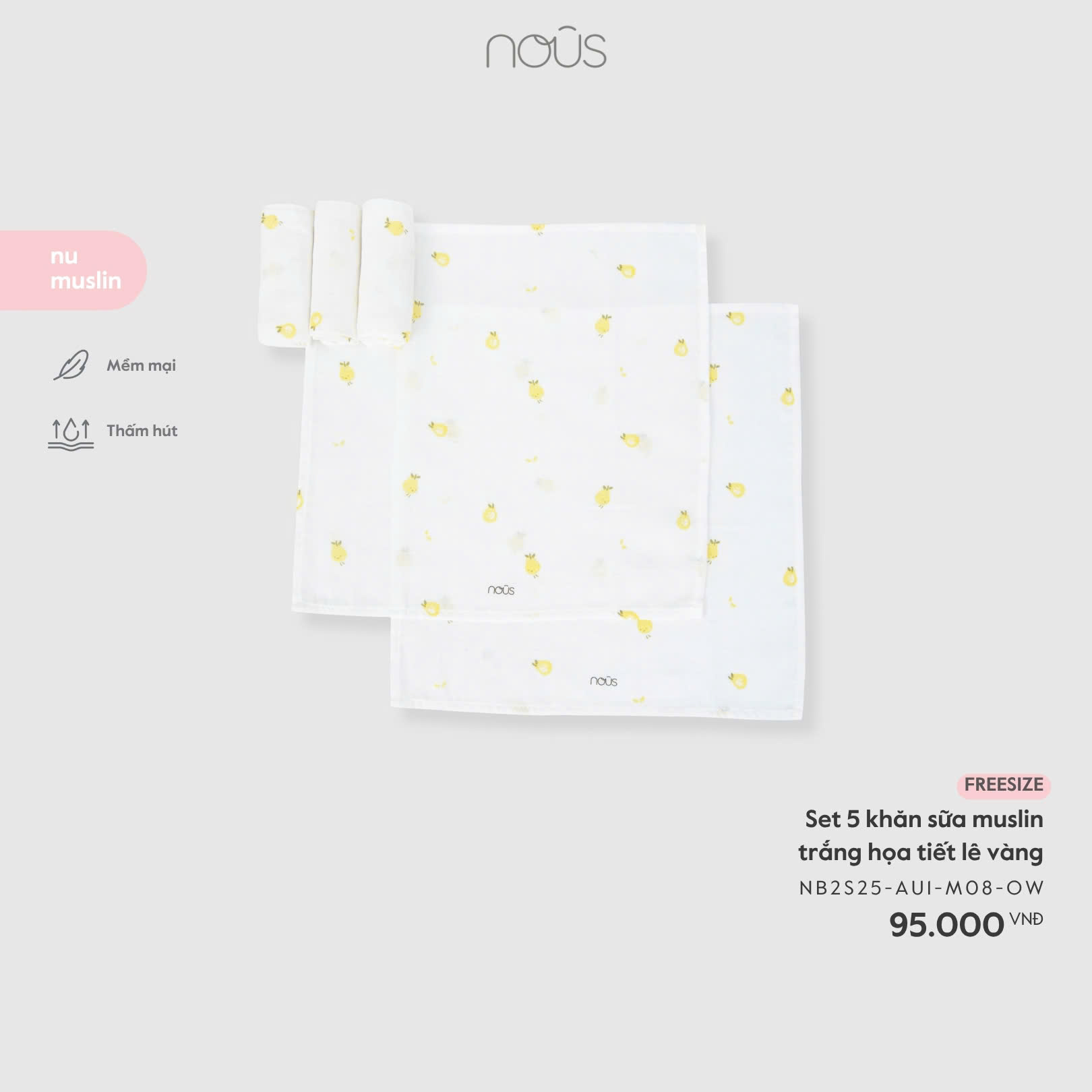 Set 5 khăn sữa muslin trắng họa tiết lê vàng