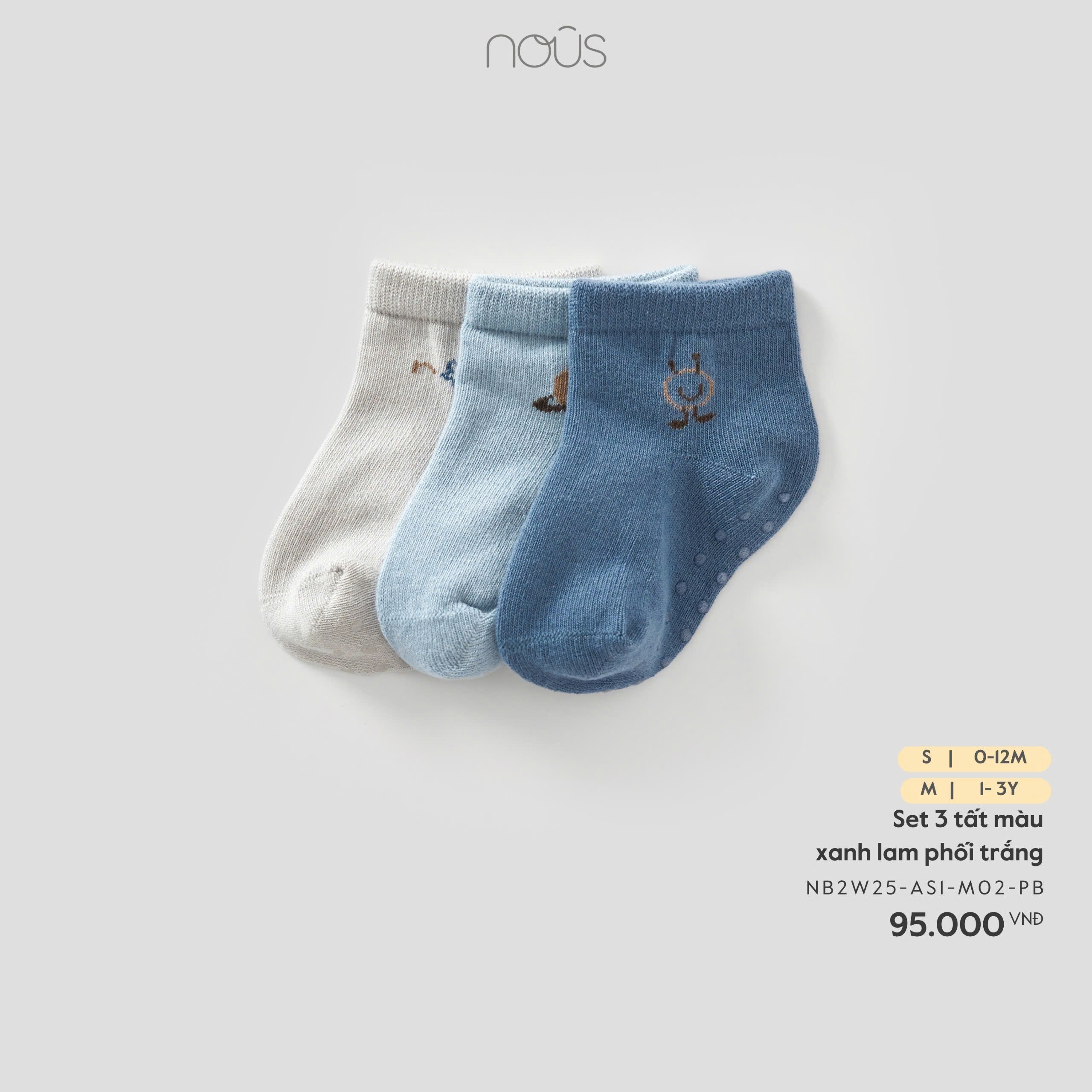 Set 3 tất màu xanh lam phối trắng