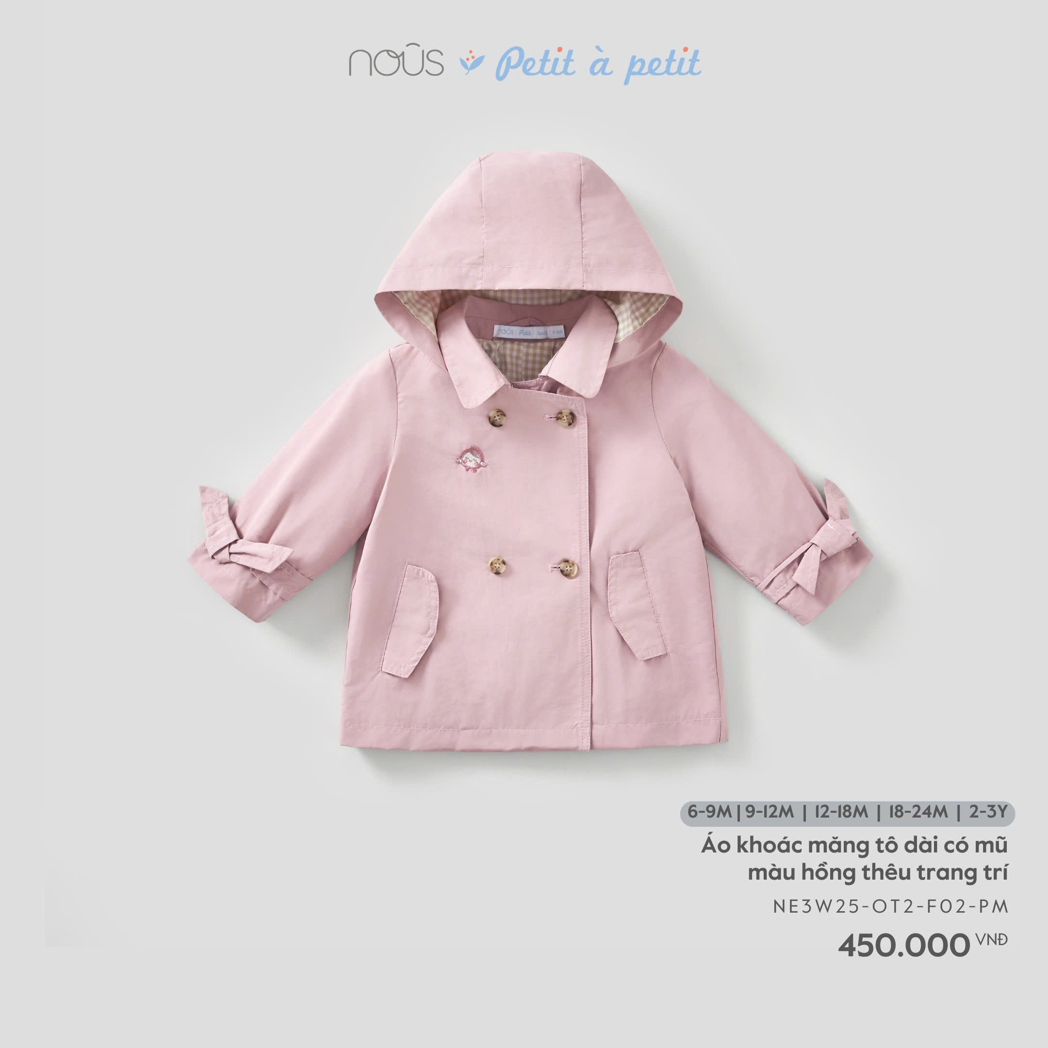 Áo khoác măng tô dài có mũ màu hồng thêu trang trí