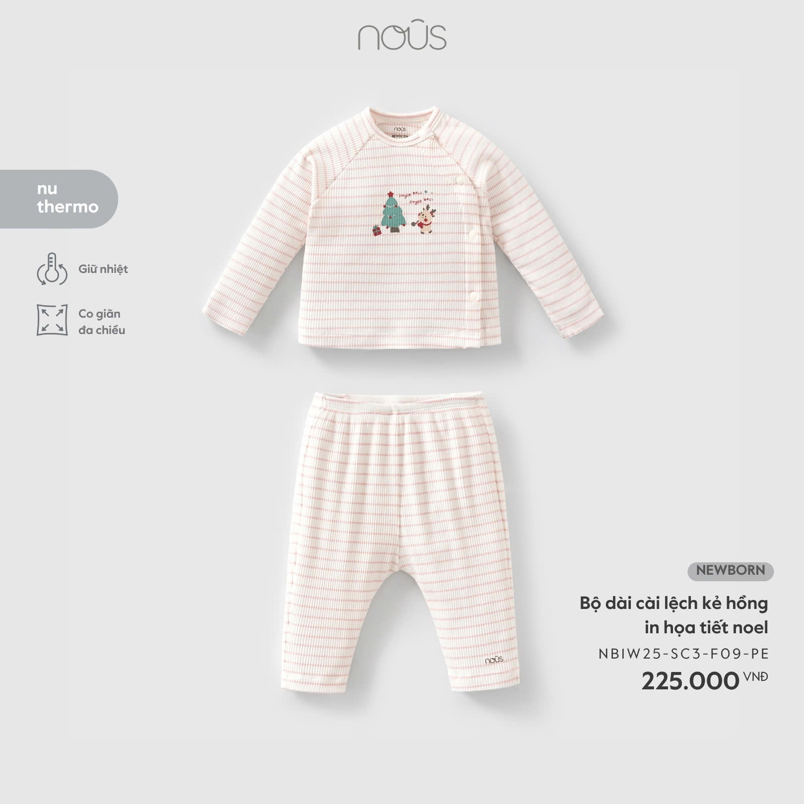 Bộ dài cài lệch kẻ hồng in họa tiết noel 