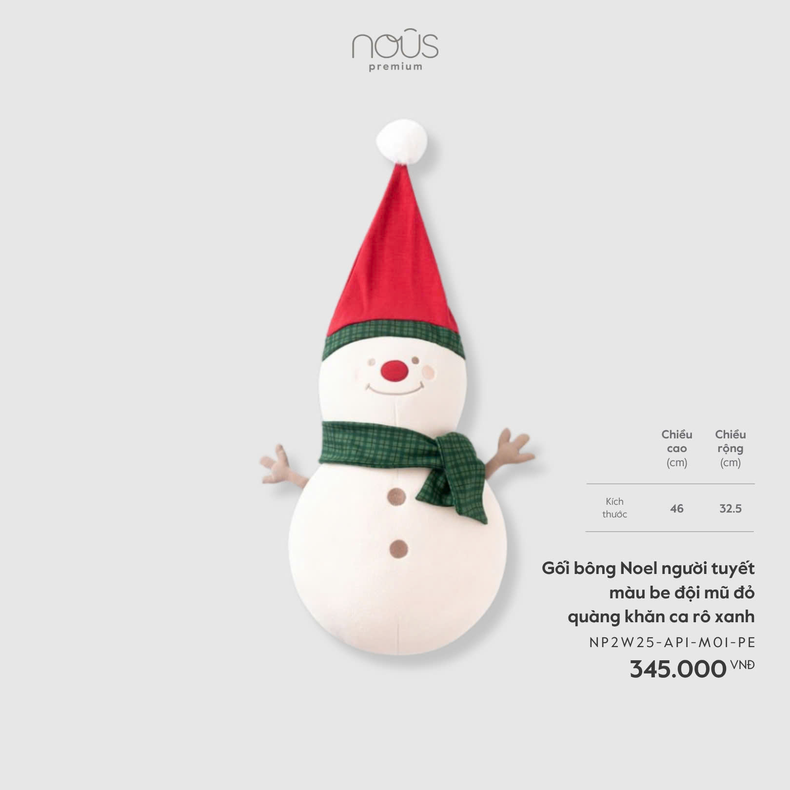 Gối bông Noel người tuyết màu be đội mũ đỏ quàng khăn ca rô xanh
