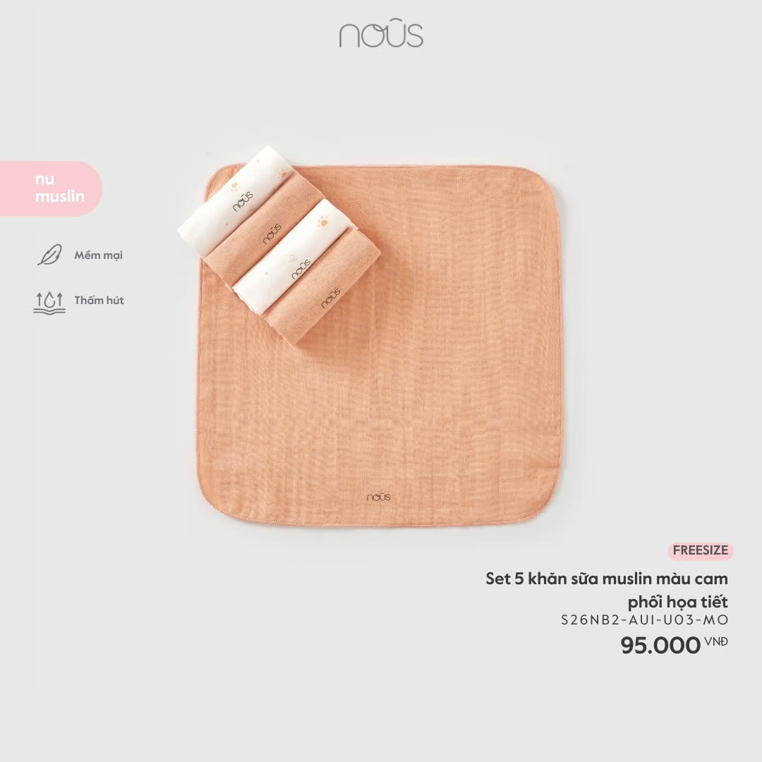Set 5 khăn sữa muslin màu cam phối họa tiết