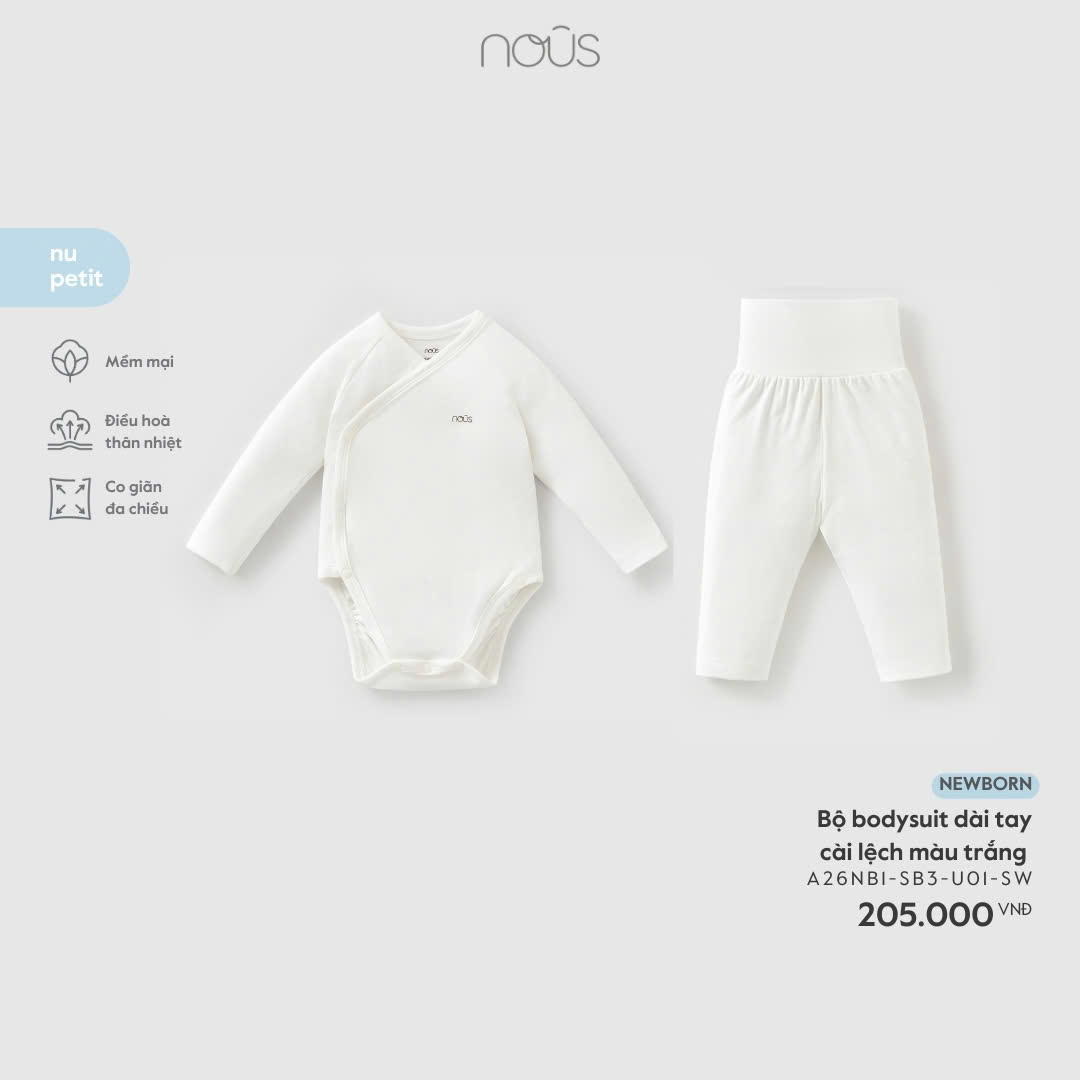 Bộ bodysuit dài tay cài lệch màu trắng