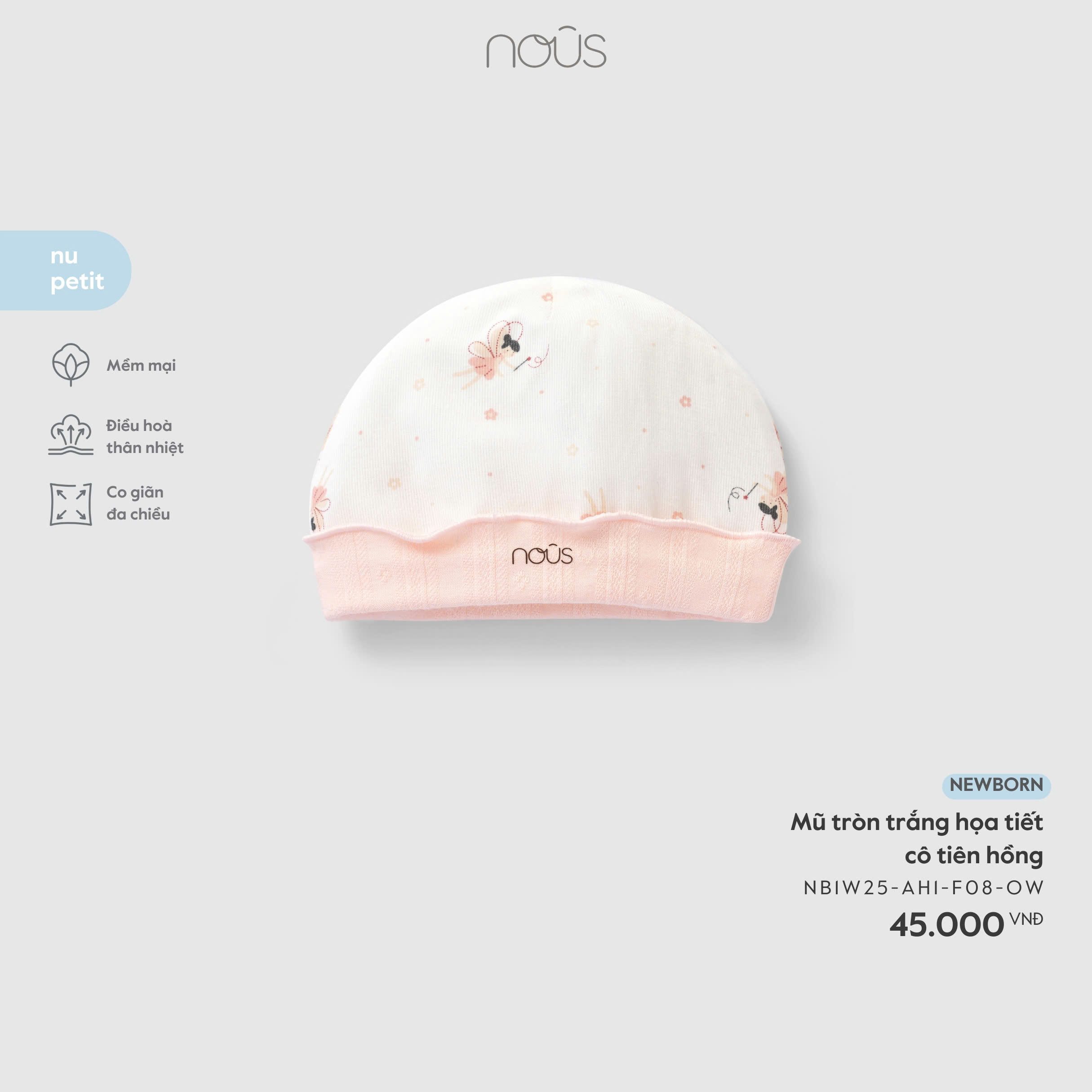 Mũ tròn trắng họa tiết cô tiên hồng