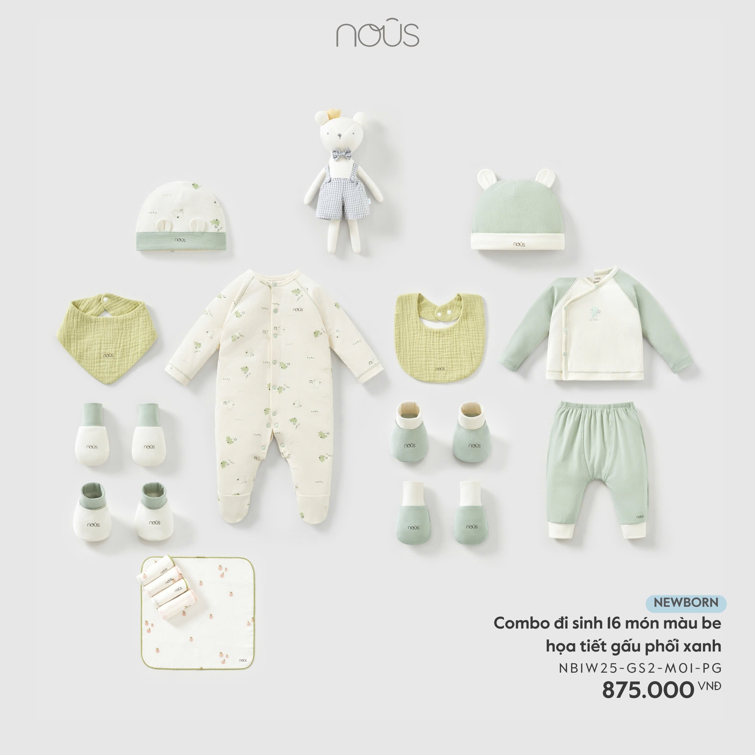 Combo đi sinh 16 món màu be họa tiết gấu phối xanh