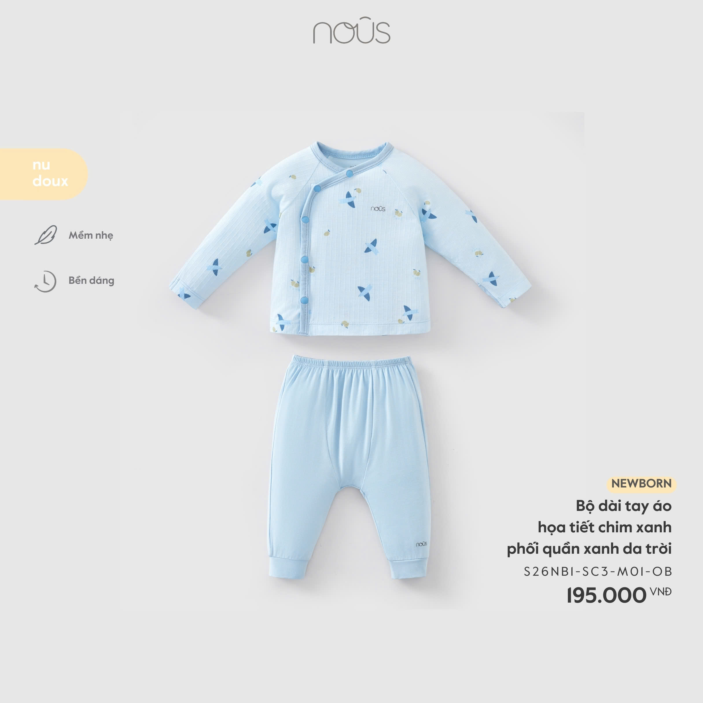 Bộ dài tay áo họa tiết chim xanh phối quần xanh da trời