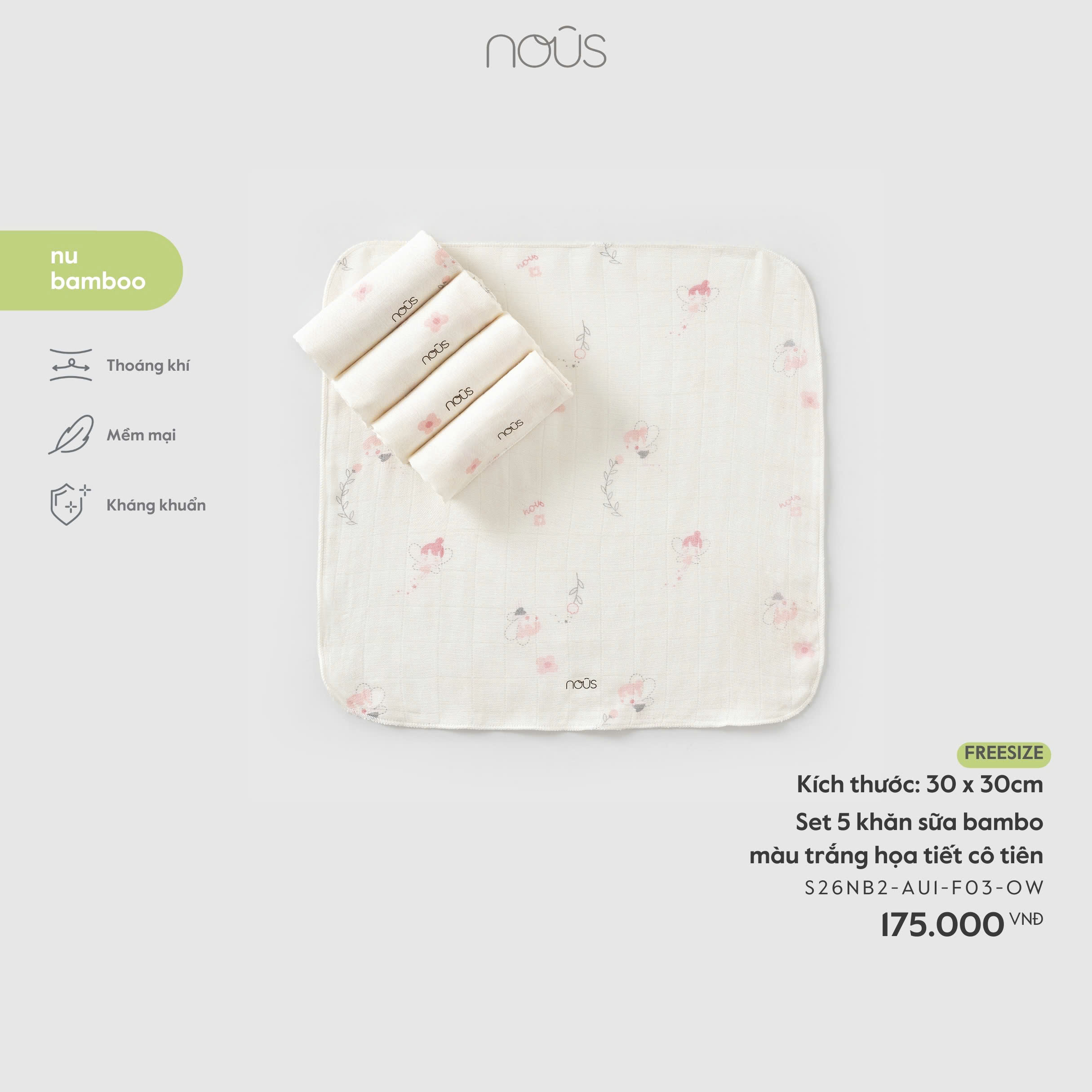Set 5 khăn sữa bamboo màu trắng họa tiết cô tiên