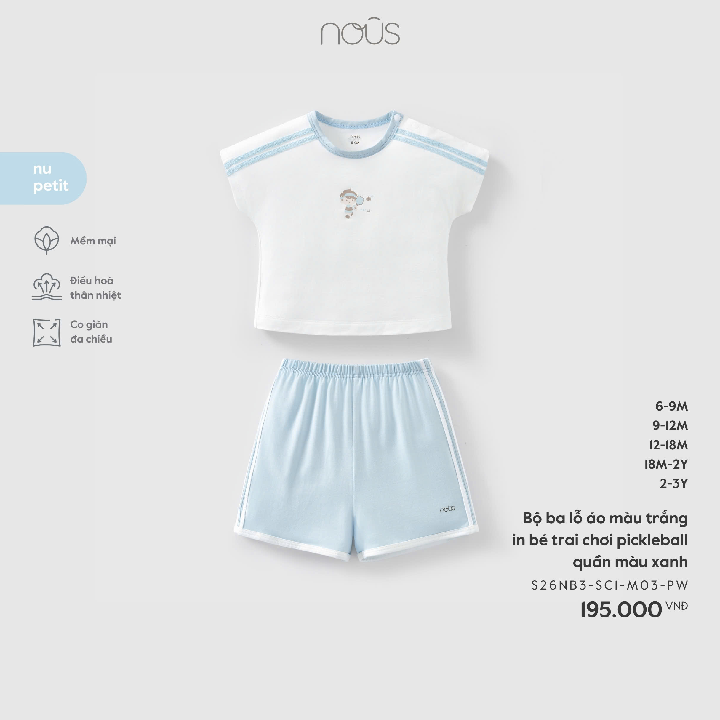 Bộ ba lỗ áo màu trắng in bé trai chơi pickleball quần màu xanh