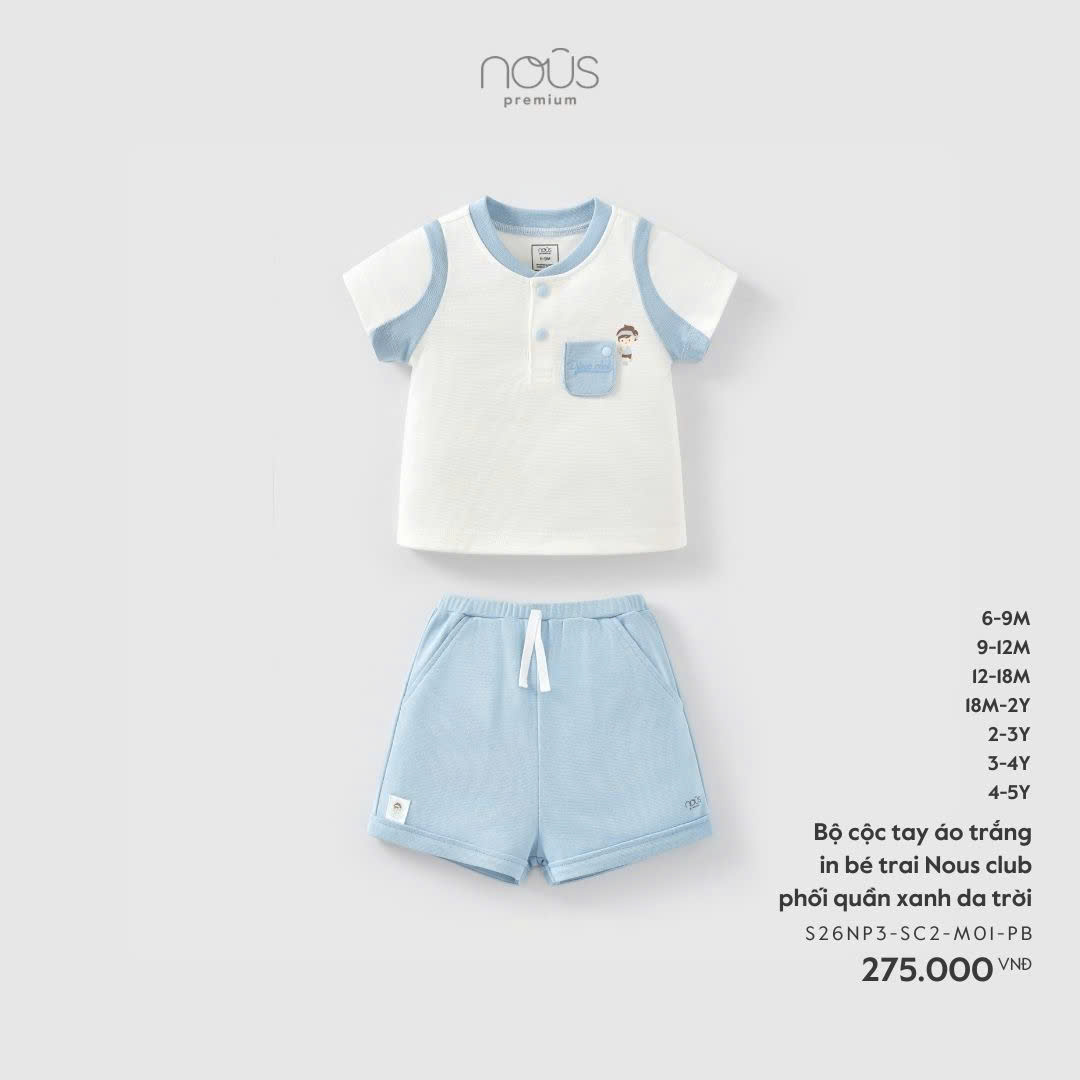 Bộ cộc tay áo trắng in bé trai Nous club phối quần xanh da trời